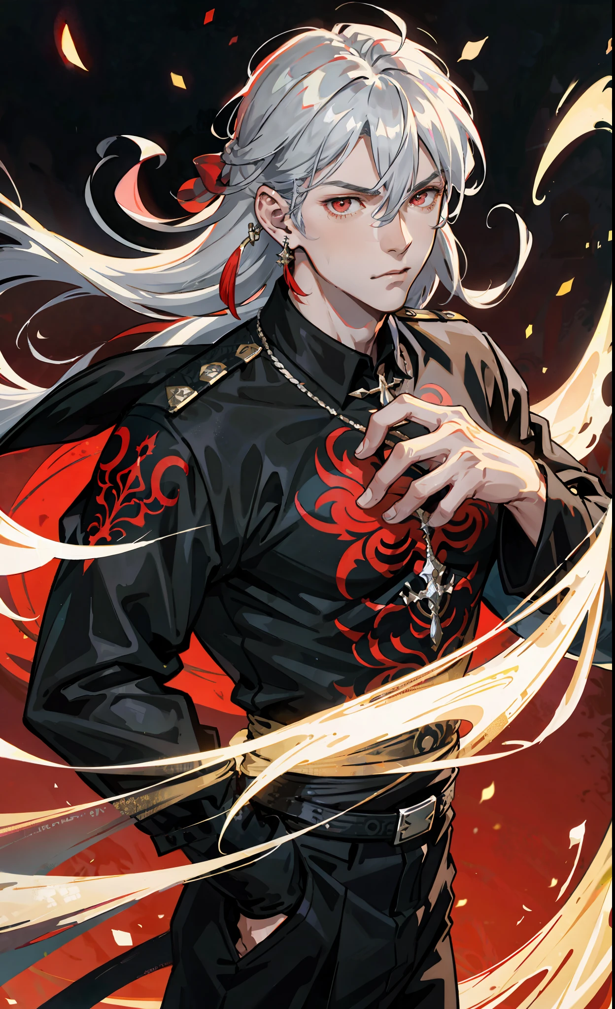 Official Art Illustration, solo, antique handsome, handsome, strong muscles, silver hair, red eyes, floating hair, asymmetrical hairstyle, delicate eyes, Shura, wearing a black shirt with a tattoo on the body, hands raised flat, floating in the air, gorgeous accessories, wearing earrings, FOV, f/1.8, masterpiece, , night, side light, moonlight shining on people, 8K, hazy, close-up,