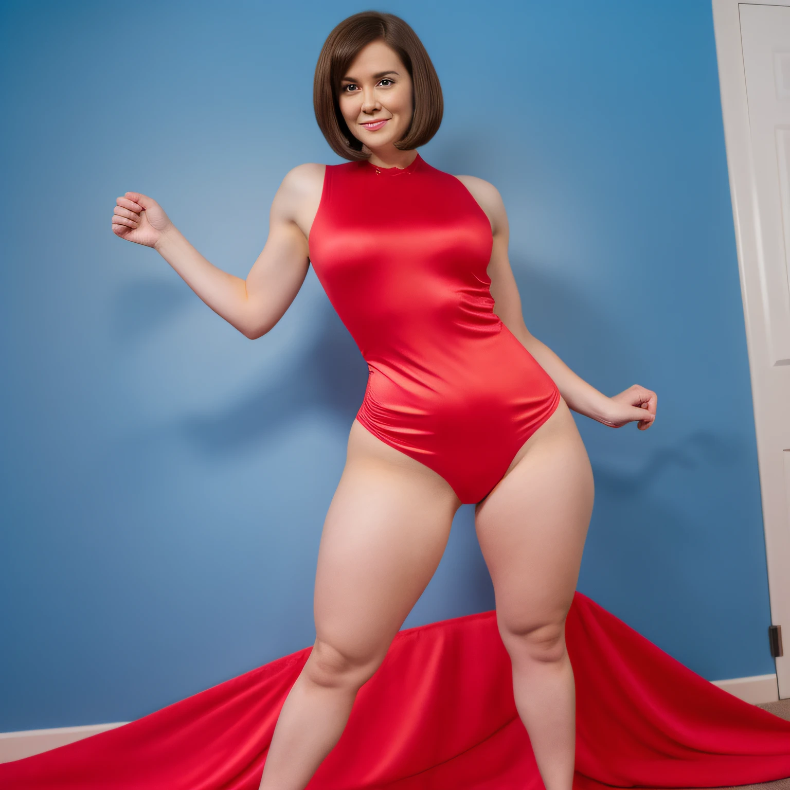high resolution raw photo of the character helen parr depicted as a real beautiful woman, ((full body photo view)), big ass, large hip, wide hip, wide ass, wearing his elastigirl costume, bobcut short hair