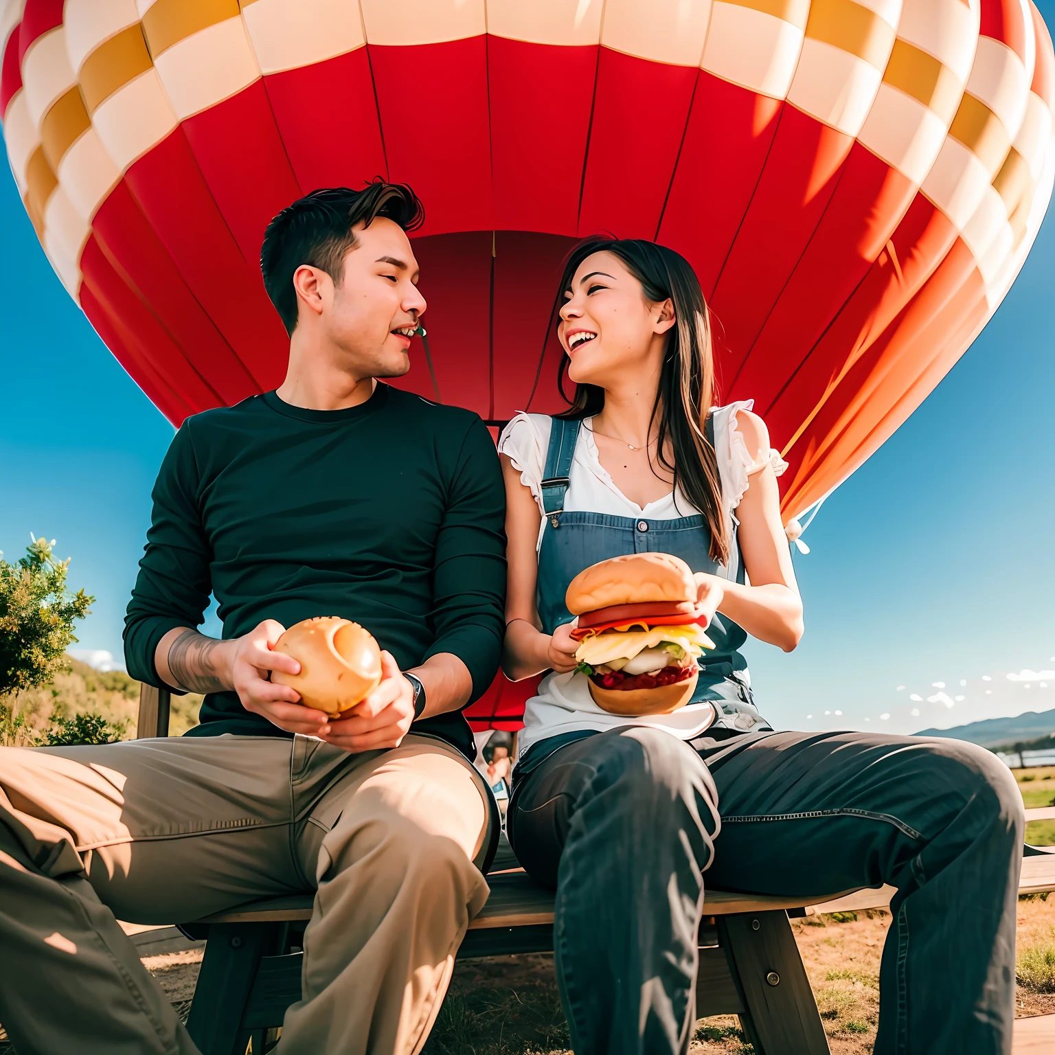 an air balloon, with a couple inside, holding hamburger, delicious burger, detailed burger, melting cheese, romantic couple, ultrarealistic photo, cinematic, romantic. romantic movie scene