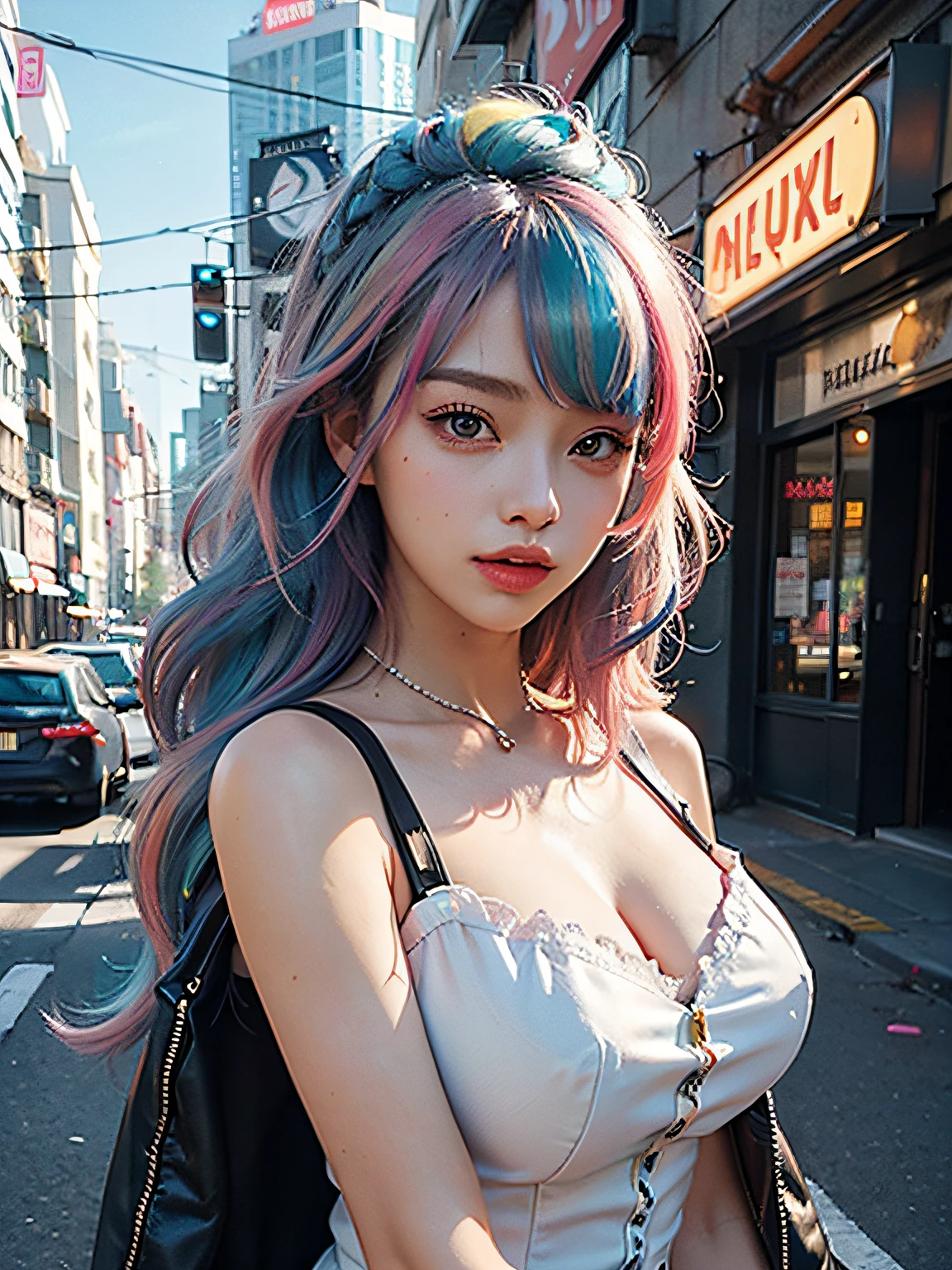 (masterpiece, top quality, best quality, official art, beautiful and aesthetic:1.2),(ultra detailed face, perfect face:1.2), (photoreal:1.5), BREAK A beautiful and sassy woman standing in street wearing halterneck dress, with a playful and confident expression, exuding charm and charisma on eye level, scenic, masterpiece. (neon color hair:1.5),strong wind,giant marshmallow candy machine break needlework, (big breasts), intricate designs, wearing ornaments, textile art, handmade details, creative expression, colorful threads, cyberpunk, neo-dada BREAK