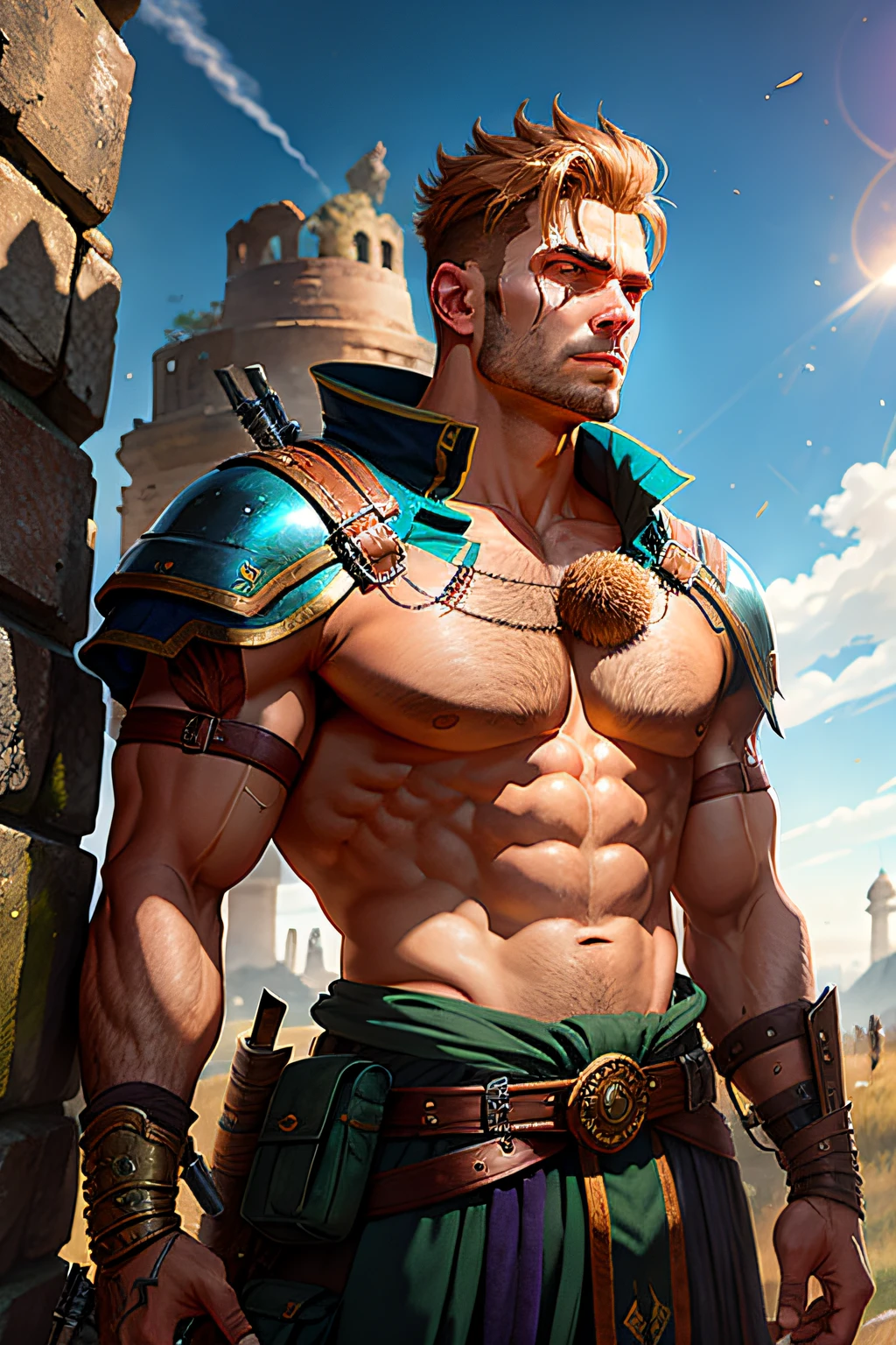 A male character looks up proudly, wearing the ancient bonus equipment, very proud, the background is very damaged battlefield, very broad and exquisite. Heavy nail