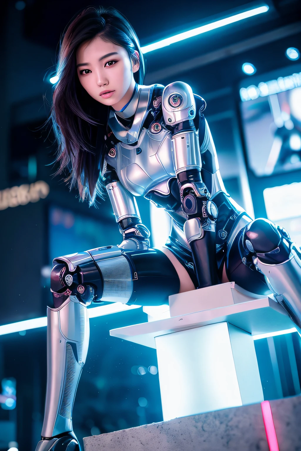 (kpop idol:1), 1girl, 18 yo, (sexy:1), fit, hot, (slim body:1.2), pale skin, (seductive:1.3), (dark hair:1.4), (small breasts:1.3), (looking at viewer:1), (half body:1.5), (sitting:1.4), futuristic, cybernetics, cyberpunk, (cyborg:1.2), (robot arms:1.4), (raining:1.2), (silver jumpsut:1.1), (alley), Shibuya at night, (night:1.2), (colorful neon lights), (fog:1.1), (PureErosFace_V1:0.5), 8k, (best quality), (ultra-detailed), (best illustration), (realistic, photo-realistic:1.37), (night photography), (medium close up:1.3), lens flare, shade, backlighting, depth of field, natural lighting, hard focus, vibrant details, anatomical, extremely delicate and beautiful, amazing, finely detailed, masterpiece,