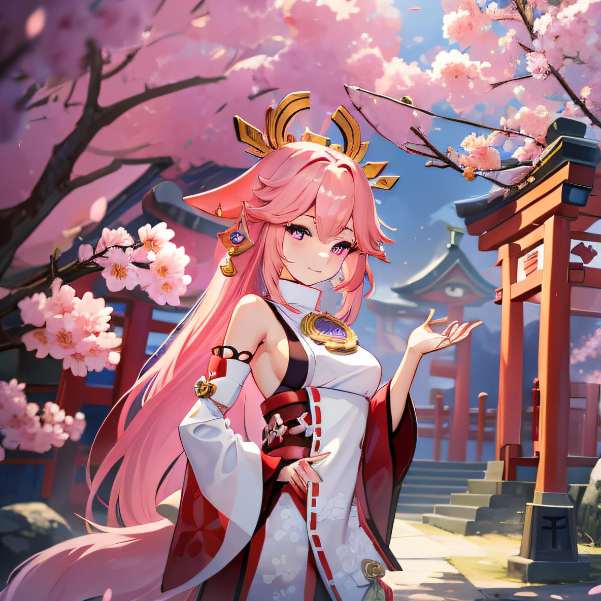 yae miko, kisen, pink fox, Guuji Yae, kitsune of many facets, Sakura, yokai kitsune, genshin, genshin impact, nine tails, fox pink tails, sakura blooms, electro vision, narukami temple, fox ears, anime girl with ears, pink, violet, yae mico caracter, shrine maiden, is a young priestess who works at a Shinto shrine