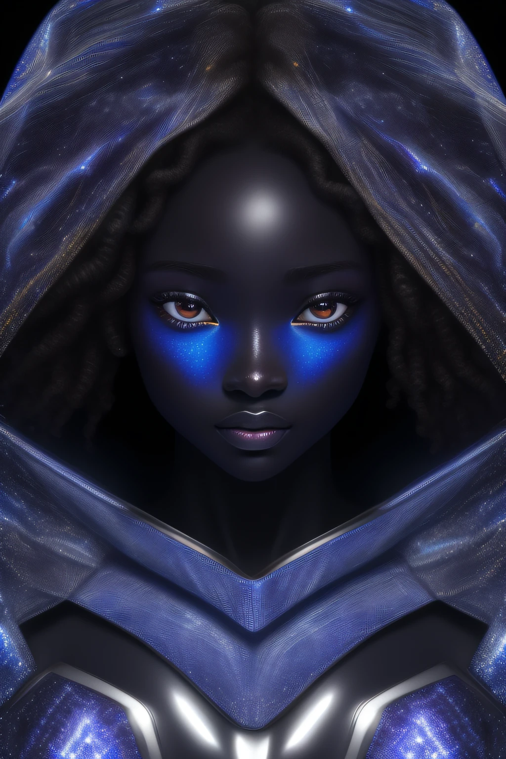 african goddess, heterochromia eyes, really curly hair, dark skin, sparkling eyes, 3d render, cgi, symetrical, octane render, 35mm, intricate details, hdr, intricate details, hyperdetailed,hyperrealism, sharp, portrait, freckles, looking at viewer, solo, half shot, detailed background, close up, detailed face, futuristic shining digital cobalt armor,  hexagonal pattern, cape, high-tech, robotics, high-tech  (mask:0.9), head-up display, epic starry outer space in background, sparks, electricity, screens, cinematic atmosphere,
nardack