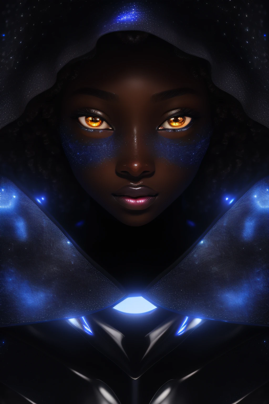 african goddess, heterochromia eyes, really curly hair, dark skin, sparkling eyes, 3d render, cgi, symetrical, octane render, 35mm, intricate details, hdr, intricate details, hyperdetailed,hyperrealism, sharp, portrait, freckles, looking at viewer, solo, half shot, detailed background, close up, detailed face, futuristic shining digital cobalt armor, hexagonal pattern, cape, high-tech, robotics, high-tech (mask:0.9), head-up display, epic starry outer space in background, sparks, electricity, screens, cinematic atmosphere,
nardack