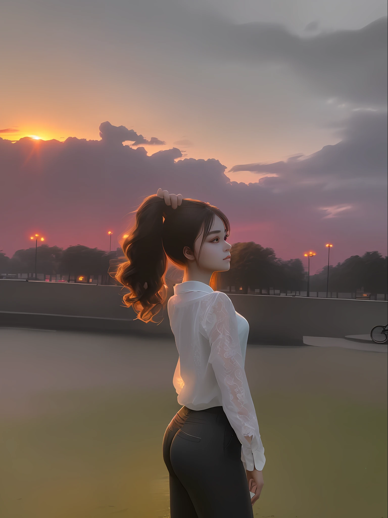 Beautiful girl gathered her hair with left hand and put up to the back, background is sunset view in public park, wearing long sleeve white lace shirt, wearing tight pants with black color, ultra detailed beautiful hands, ultra detailed beautiful face with side view, ultra detailed beautiful eyes, ultra resolutions, photorealistic