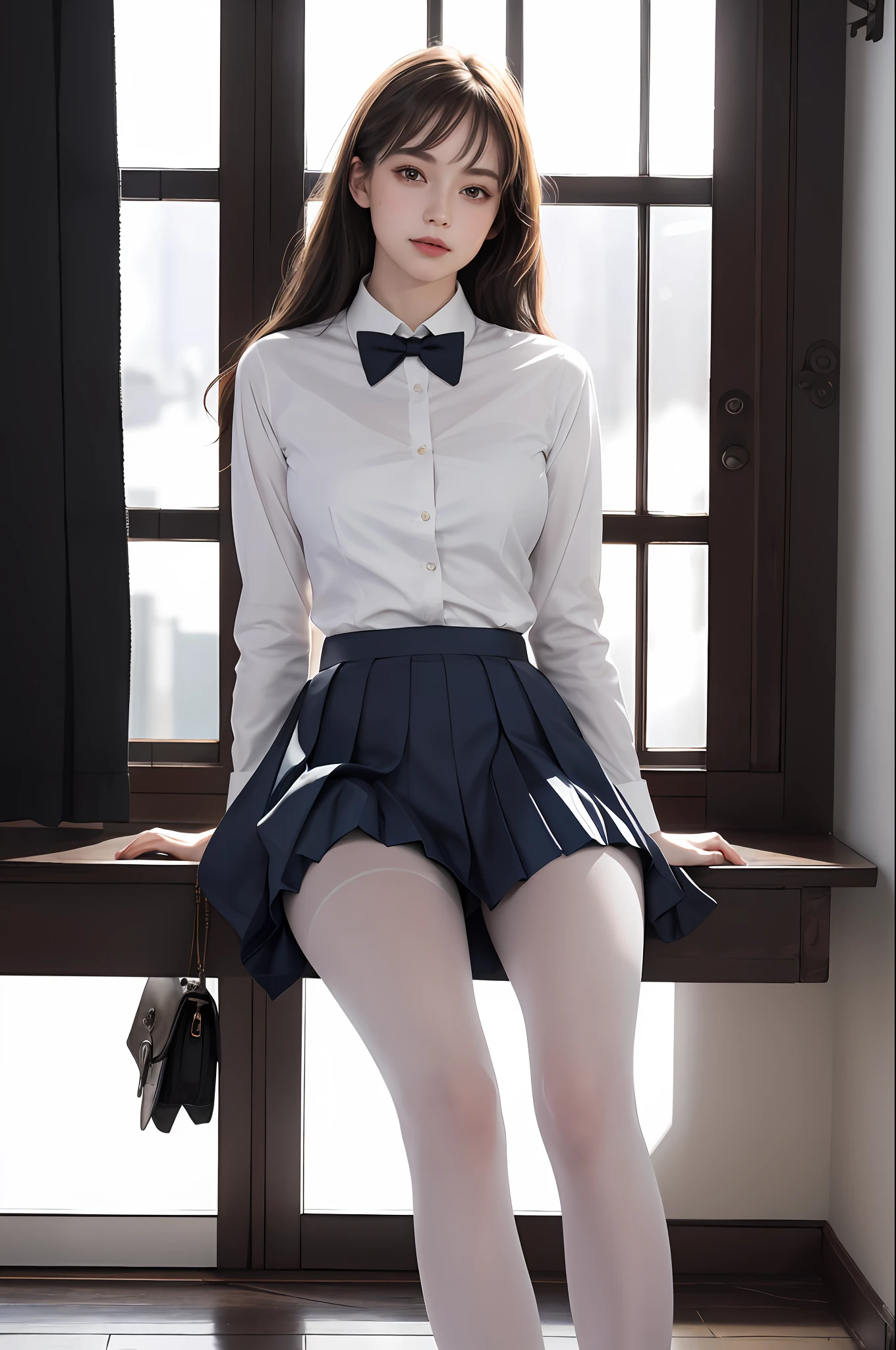 ultra realistic 8k cg, picture-perfect face, flawless, clean, masterpiece, professional artwork, famous artwork, perfect face, beautiful face, beautiful eyes, ((perfect female body)), solo,(immersive atmosphere, chiaroscuro:1.5,bright light:1.2,luminous lighting)
,,(blush:0.5),seductive expression,extremely detailed_eyes,thick thighs,large breasts,
beautifully detailed background,depth of field,realistic:1.3, long shot,1girl,shirt,pleated skirt, school uniform, sitting, full body,
(ambient light:1.3),(cinematic composition:1.3),(neon lights:0.1),(HDR:0.1),Accent Lighting, white pantyhose,