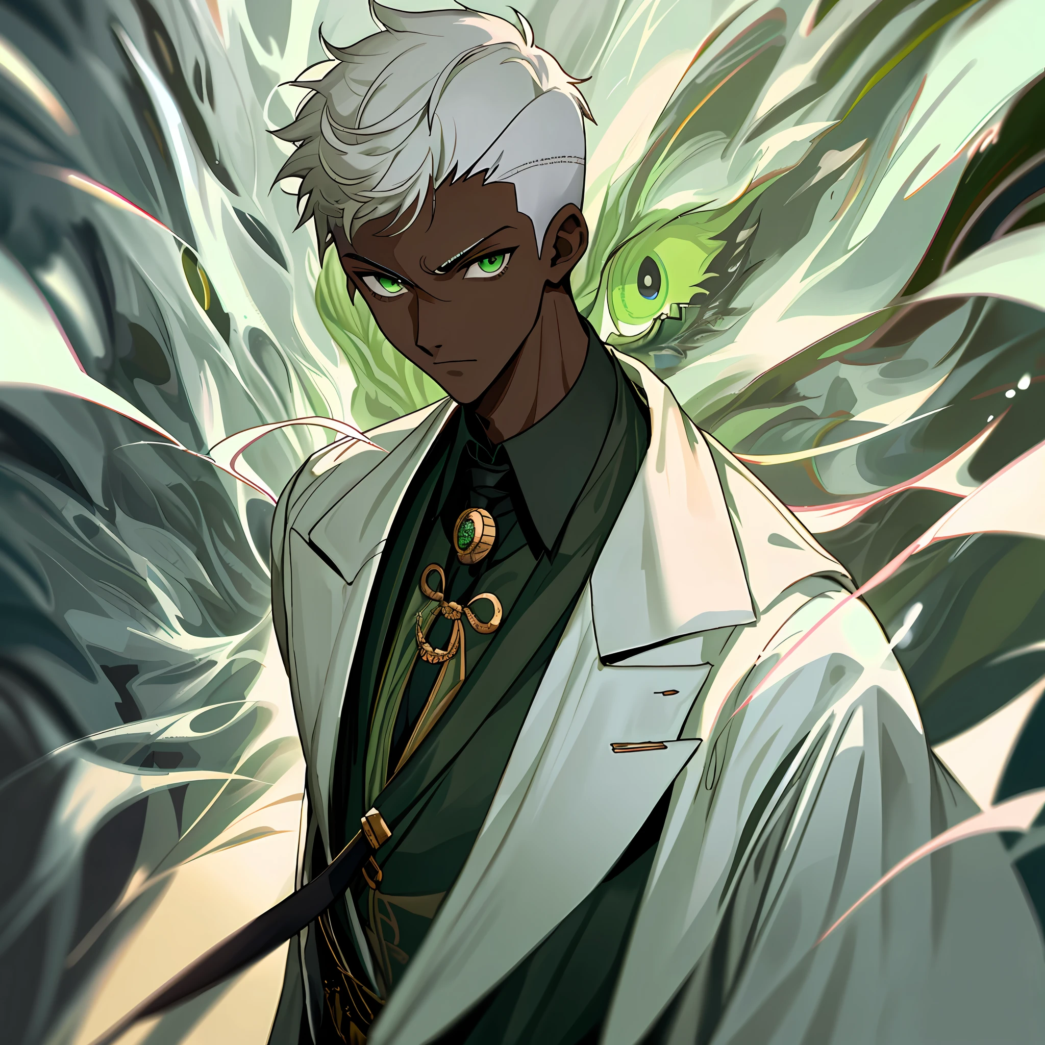 Solo, 1boy, dark skin, short hair, shaved side, coat, green eye, detailed eye, eye with reflex
