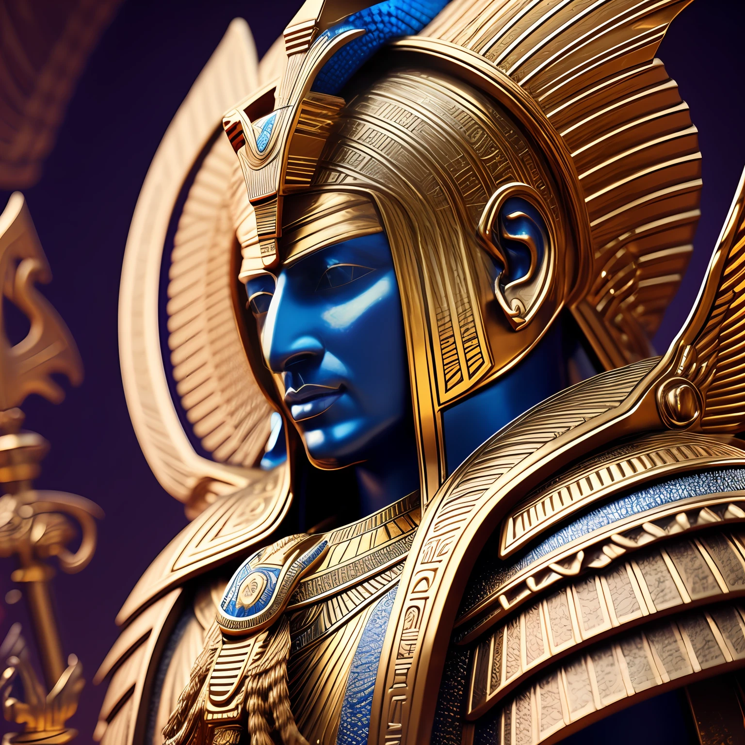 a close up of a statue of an egyptian man, trending digital fantasy art, keyshot lighting, archangel michael, thoth, deity, highly detailed saturated, dressed as emperor, by Mustafa Rakim, solid color background intricate, yasuke 5 0 0 px models, exalted --auto --s2