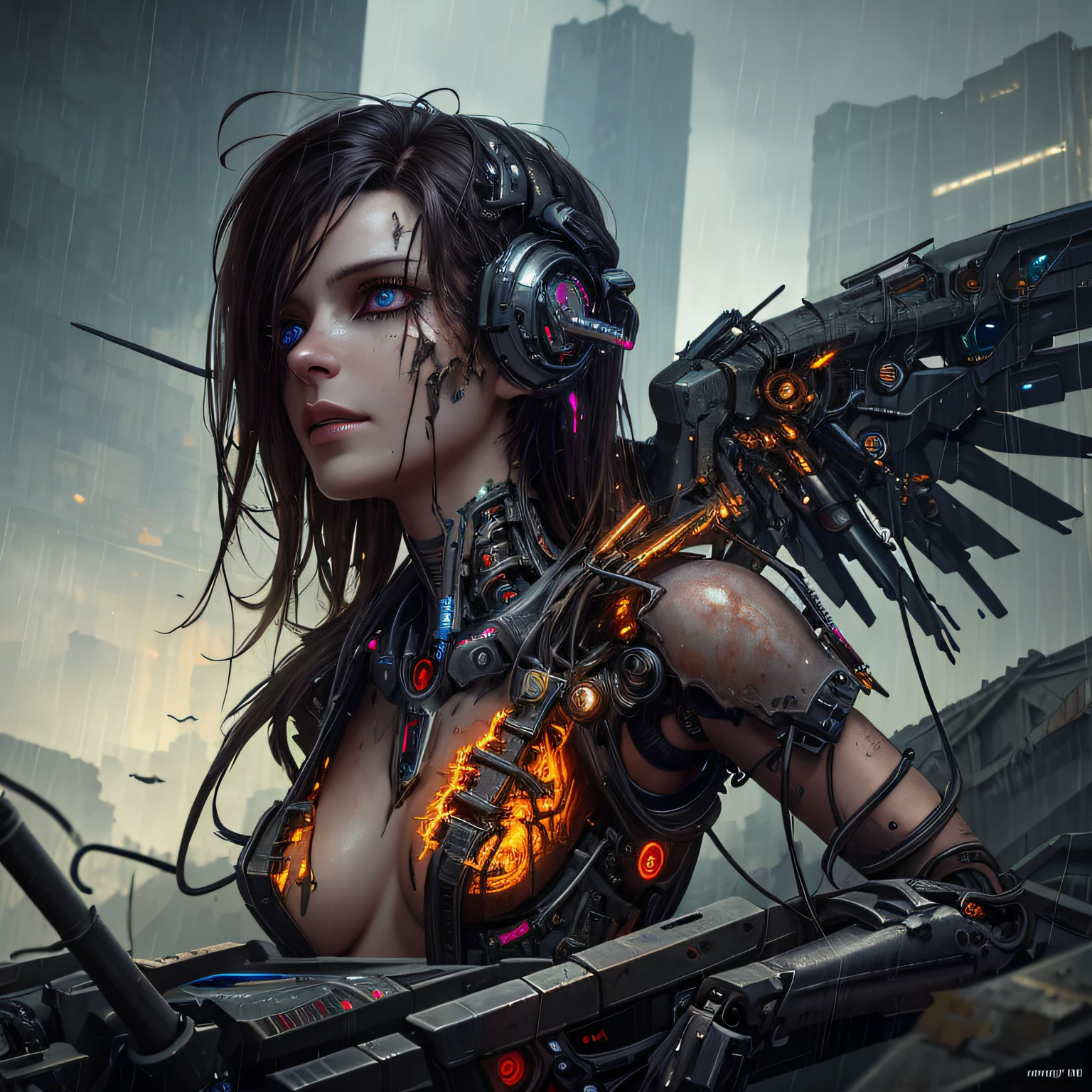 best quality, masterpiece, cinematic, volumetric lighting, sidelighting, 1girl, android, cyborg, mechanical wings, heavily damaged, dark, sad, raining, abandoned, (oil, loose wires, exposed metal parts), apocalyptic, extreme detail, detailed face, detailed eyes