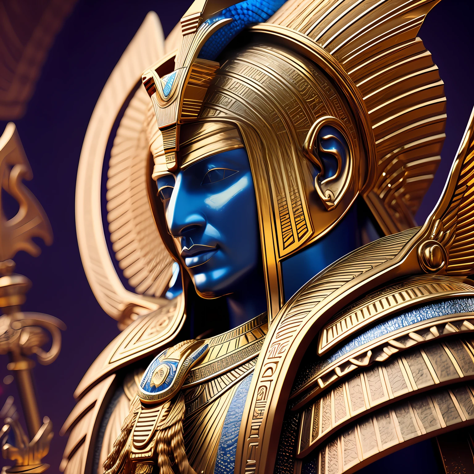 a close up of a statue of an egyptian man, trending digital fantasy art, keyshot lighting, archangel michael, thoth, deity, highly detailed saturated, dressed as emperor, by Mustafa Rakim, solid color background intricate, yasuke 5 0 0 px models, exalted --auto --s2