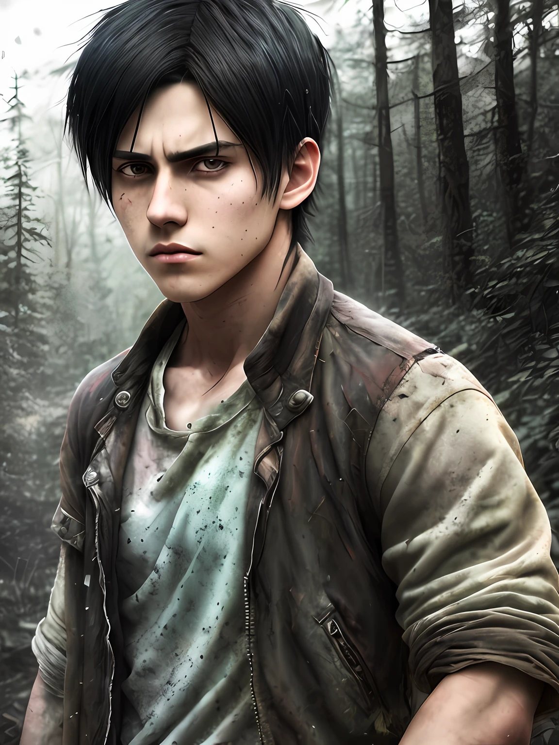 Strong male teenager, bruised, knife cuts, casual clothing, angry, 2 2 years, realistic epic, photo, faded, complex things around, forest background, soaked, neutral colors, (((((hdr)))), ((((soft colors)))), intricate scene, artistic station, intricate details, vignette, back, black hair, face eren yeager