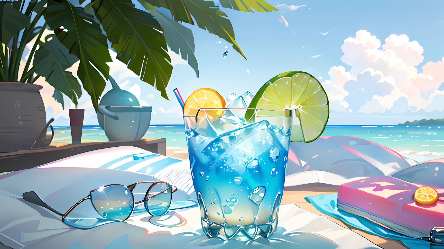 Using the right hand, macro photography depicts picnic scenes themed around a tropical beach holiday in summer. The protagonist of this photo is a cool glass filled with iced carbonated drinks. The lens focuses on glasses, fruit, dazzling midday sun, fisheye lenses, distant views, a hearty meal, (splashed liquid: 1.6), ice, (picnic scene: 0.5) (cute dessert: 0.4), dripping. It's filled with carbonated drinks, translucent liquid, daytime outdoor lights (beach 1.5), tropical plants, hot weather, HD detail, wet watermark, hyperdetail, cinematic, surrealism, soft light, deep field focus bokeh, ray tracing, diffuse (ultra-fine glass reflection), and surrealism.