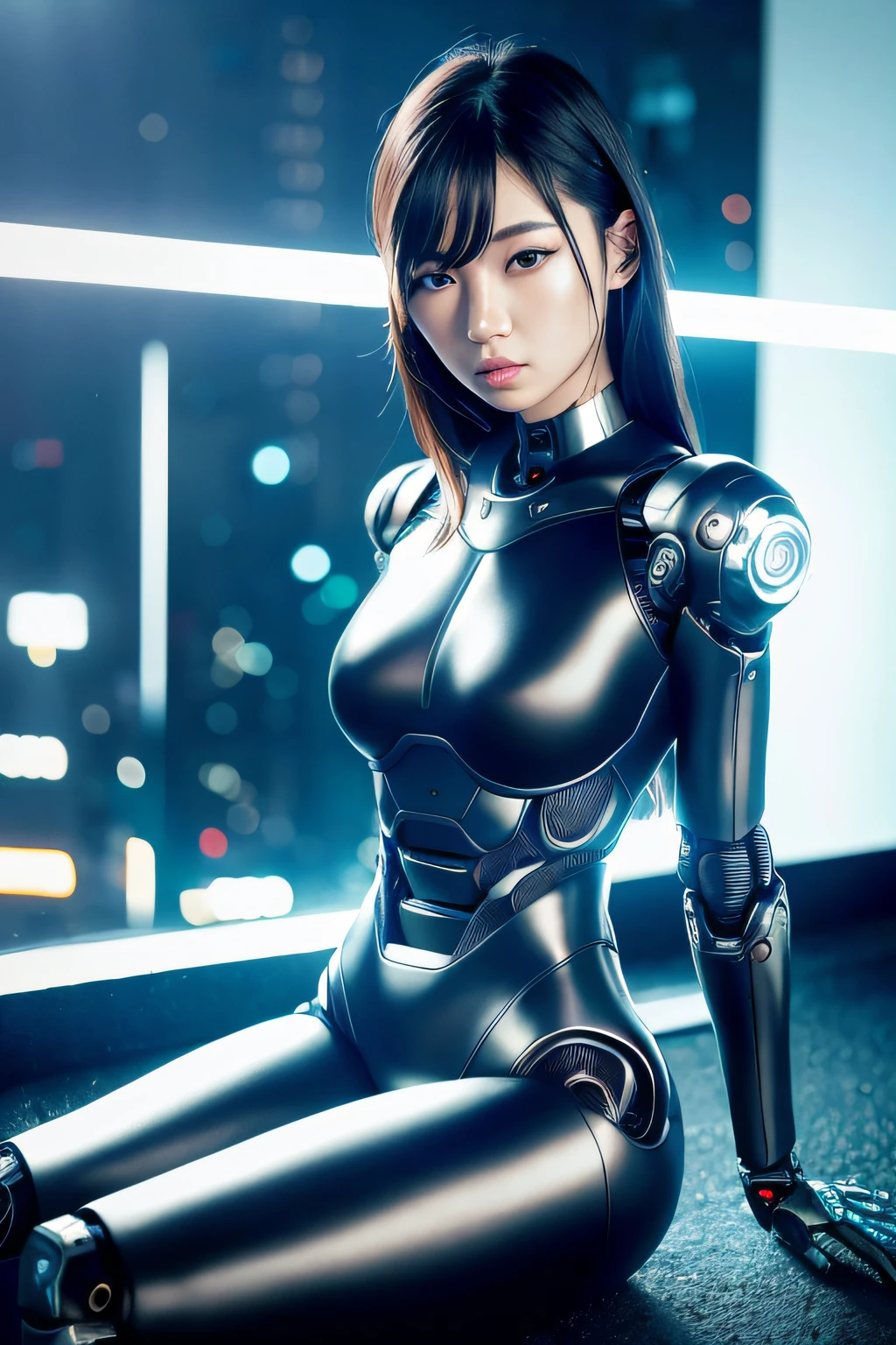 (kpop idol:1), 1girl, 18 yo, (sexy:1), fit, hot, (slim body:1.2), pale skin, (seductive:1.3), (dark hair:1.4), (small breasts:1.3), (looking at viewer:1), (half body:1.5), (sitting:1.4), futuristic, cybernetics, cyberpunk, (cyborg:1.2), (robot arms:1.4), (raining:1.2), (silver jumpsut:1.1), (alley), Shibuya at night, (night:1.2), (colorful neon lights), (fog:1.1), (PureErosFace_V1:0.5), 8k, (best quality), (ultra-detailed), (best illustration), (realistic, photo-realistic:1.37), (night photography), (medium close up:1.3), lens flare, shade, backlighting, depth of field, natural lighting, hard focus, vibrant details, anatomical, extremely delicate and beautiful, amazing, finely detailed, masterpiece,