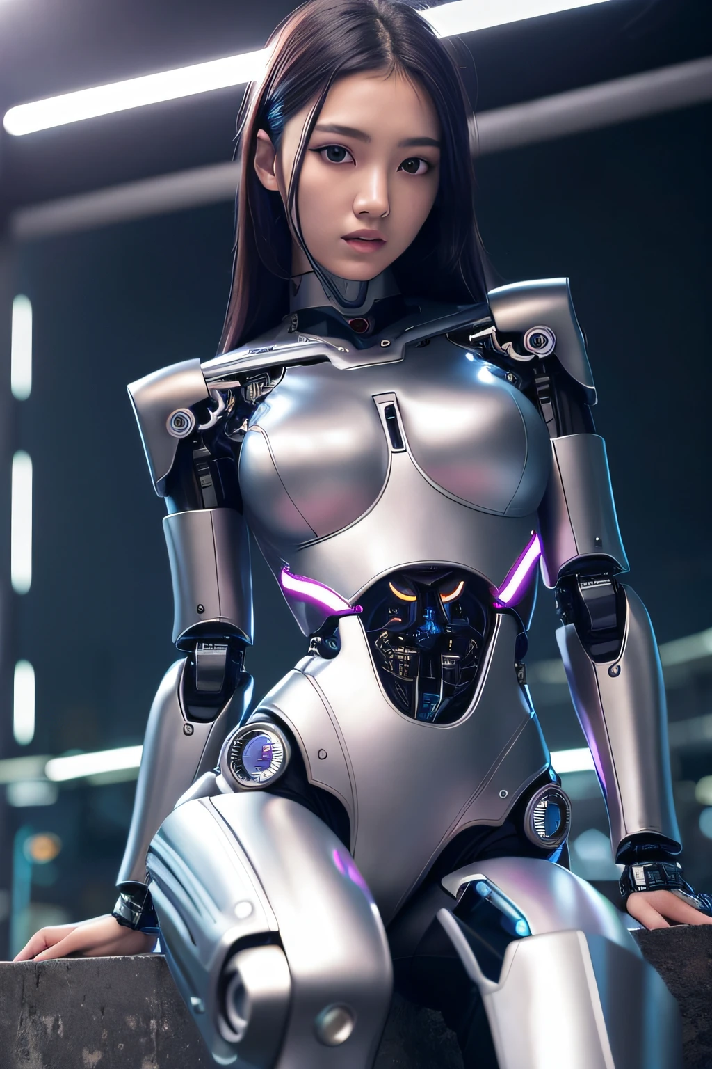 (kpop idol:1), 1girl, 18 yo, (sexy:1), fit, hot, (slim body:1.2), pale skin, (seductive:1.3), (dark hair:1.4), (small breasts:1.3), (looking at viewer:1), (half body:1.5), (sitting:1.4), futuristic, cybernetics, cyberpunk, (cyborg:1.2), (robot arms:1.4), (raining:1.2), (silver jumpsut:1.1), (alley), Shibuya at night, (night:1.2), (colorful neon lights), (fog:1.1), (PureErosFace_V1:0.5), 8k, (best quality), (ultra-detailed), (best illustration), (realistic, photo-realistic:1.37), (night photography), (medium close up:1.3), lens flare, shade, backlighting, depth of field, natural lighting, hard focus, vibrant details, anatomical, extremely delicate and beautiful, amazing, finely detailed, masterpiece,