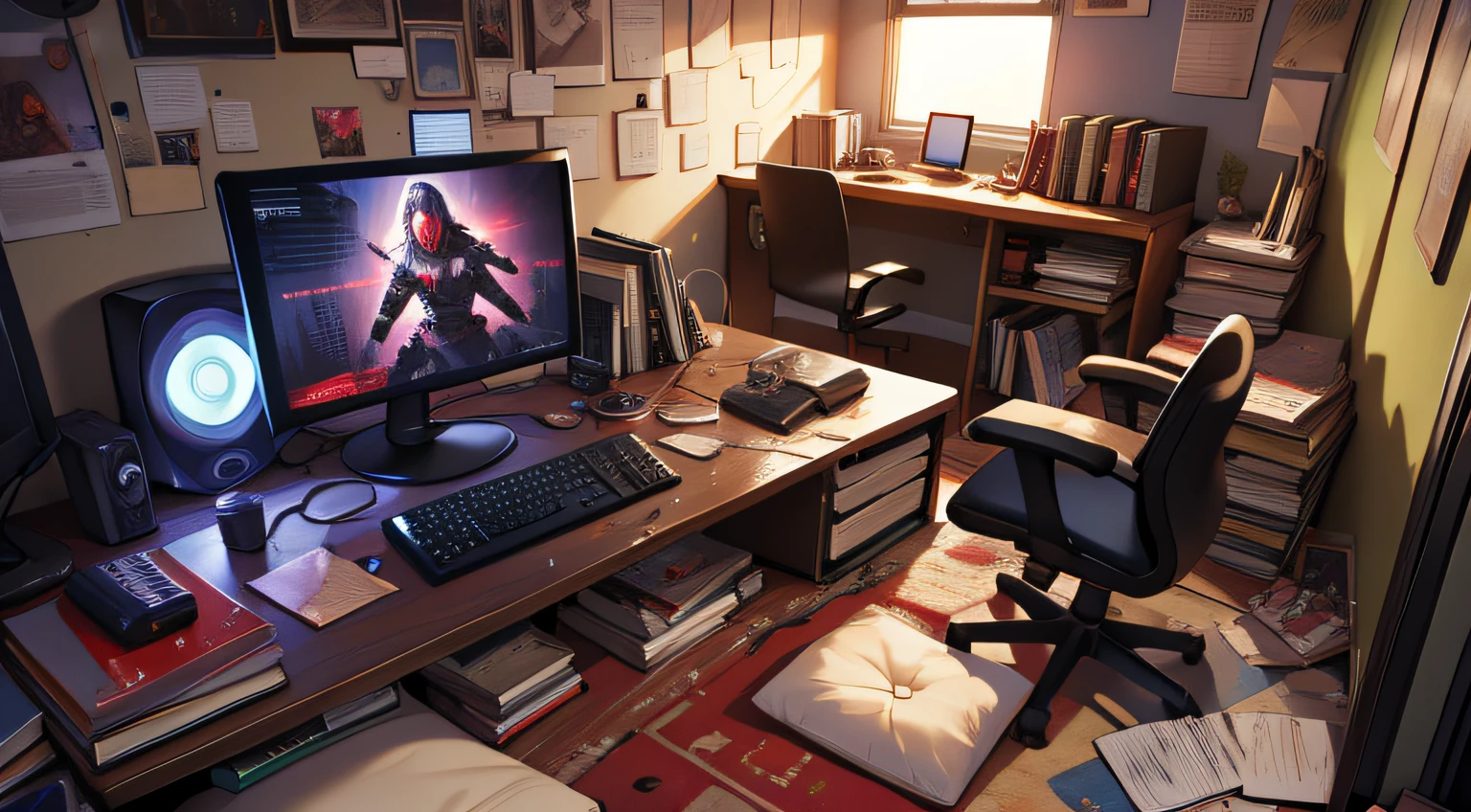 Gamer room, computer on, messy bed, red led, cigarette on the table, books on the floor