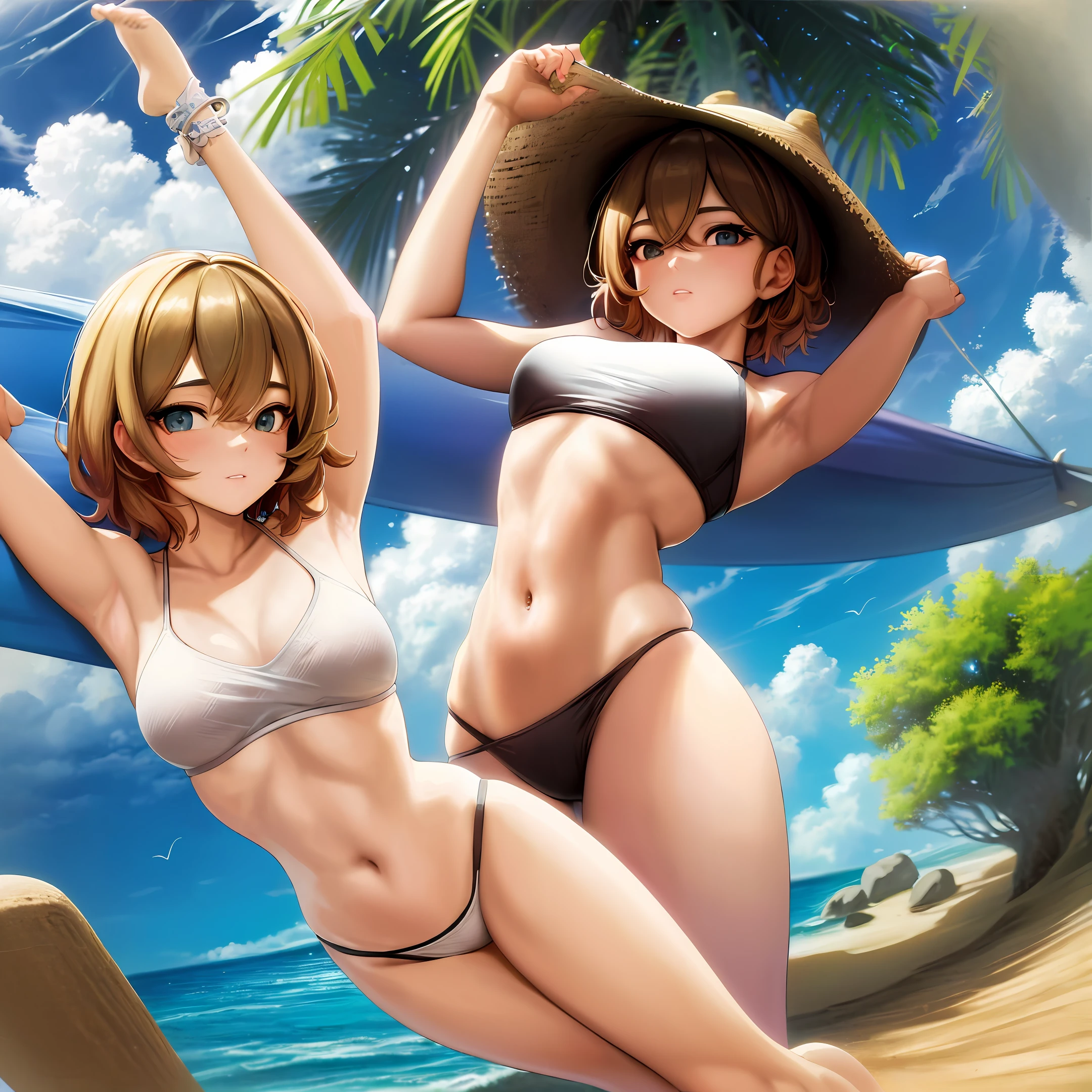 ((top quality, 8k, masterpiece: 1.3)), cute woman with perfect figure: 1.4, slender abs: 1.3, ((light brown hair, realistic big: 1.2)), (wearing a white micro bikini: 1.5), (lying in a hammock, hammock, on the beach: 1.2), highly detailed face and skin texture, detailed eyes, double eyelids.