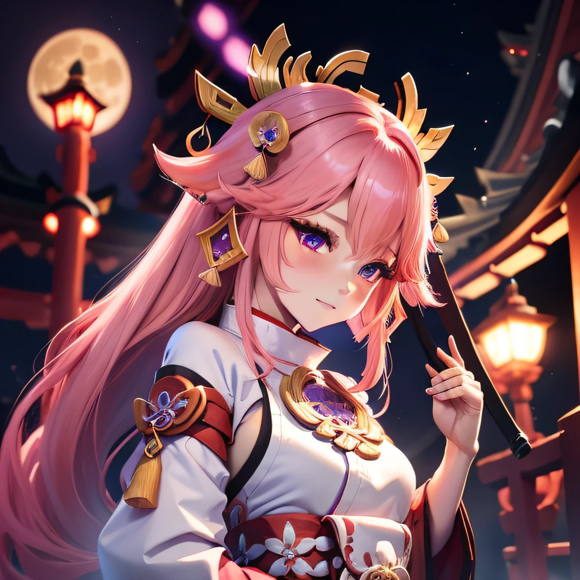 yae miko, kisen, pink fox, Guuji Yae, kitsune of many facets, Sakura, yokai kitsune, genshin, genshin impact, nine tails, fox pink tails, sakura blooms, electro vision, narukami temple, fox ears, anime girl with ears, pink, violet, yae mico caracter, shrine maiden, is a young priestess who works at a Shinto shrine, night, black sky, night sky, full moon, blue cloud