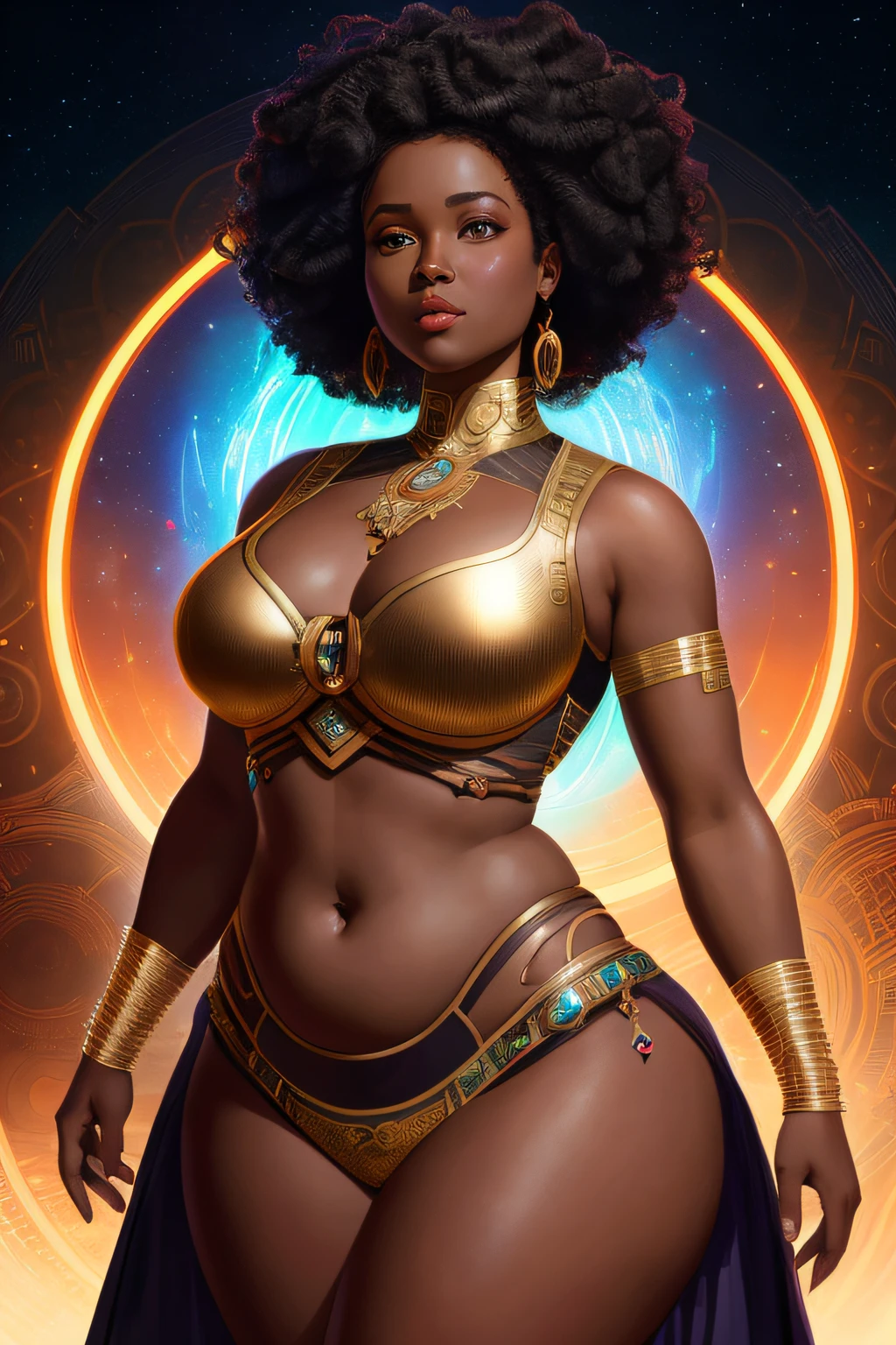 african goddess jiggly fat round belly voluptuous body, heterochromia eyes, really curly hair, dark skin, sparkling eyes, the expanse scifi, fibonacci, intricate, highly detailed, digital painting, artstation, concept art, rich color, smooth, sharp focus, illustration, Unreal Engine 5, 8K, art by artgerm and greg rutkowski and alphonse mucha