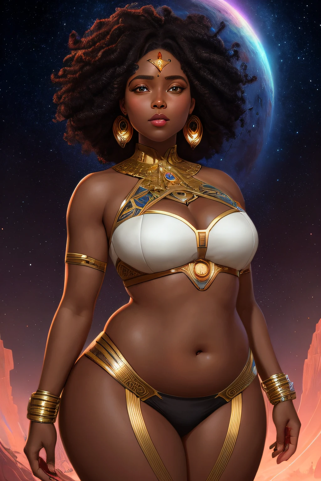 african goddess jiggly fat round belly voluptuous body, heterochromia eyes, really curly hair, dark skin, sparkling eyes, the expanse scifi, fibonacci, intricate, highly detailed, digital painting, artstation, concept art, rich color, smooth, sharp focus, illustration, Unreal Engine 5, 8K, art by artgerm and greg rutkowski and alphonse mucha