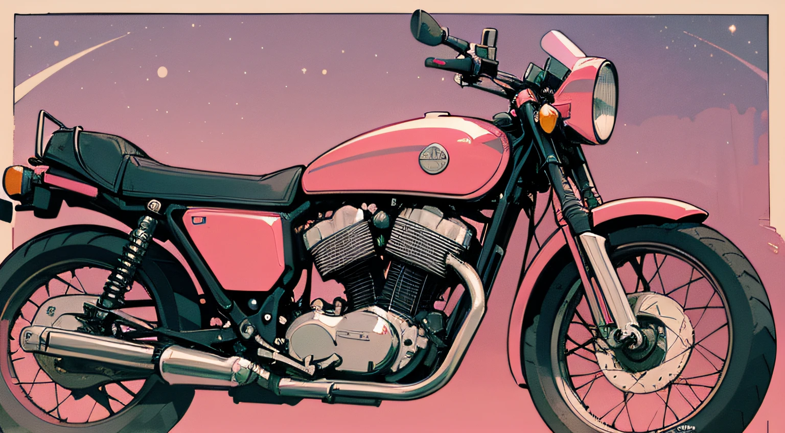 (masterpiece), (best quality), (best detail), (distant general view), (postage stamp),(main color of illustration: deep red), (secondary color: pastel pink), a European motorcycle from the 70's driven by a woman with challenging stance, highly detailed chassis, futuristic western scenery, night (many stars, moon), shading (detailed, much contrast), very saturated pulp colors