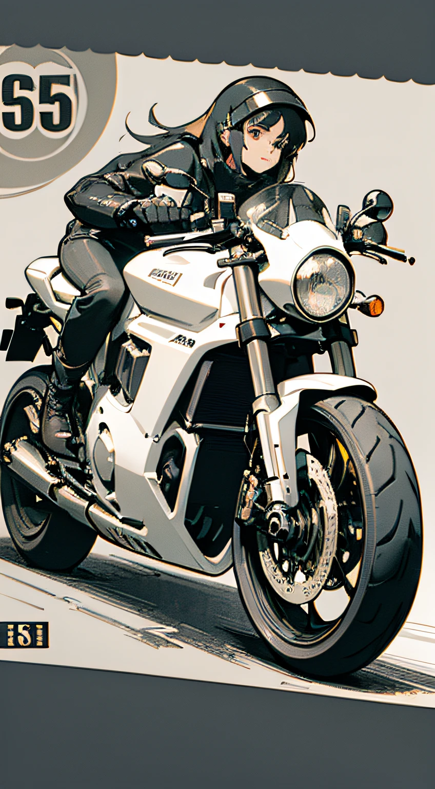 (high resolution),(masterpiece), (best quality), (best detail), (distant general view), (postage stamp),(main color of illustration: metallic gray), (secondary color: ivory white), a cafe racer motorcycle driven by a woman with challenging stance, very detailed chassis, western futuristic scenery, night (many stars, moon), shading (detailed, much contrast)