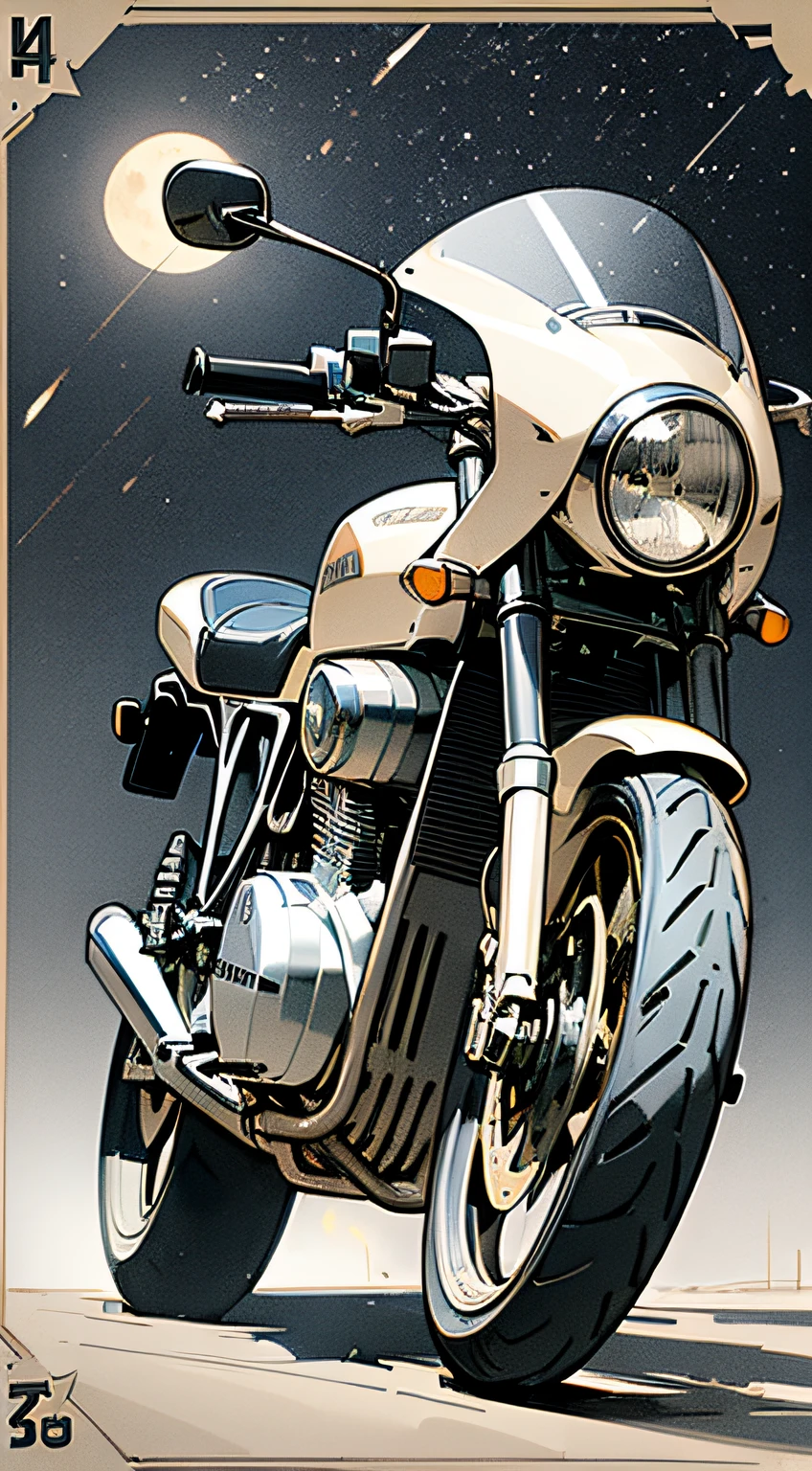 (high resolution),(masterpiece), (best quality), (best detail), (distant general view), (postage stamp),(main color of illustration: metallic gray), (secondary color: ivory white), a cafe racer motorcycle driven by a woman with challenging stance, very detailed chassis, western futuristic scenery, night (many stars, moon), shading (detailed, much contrast)