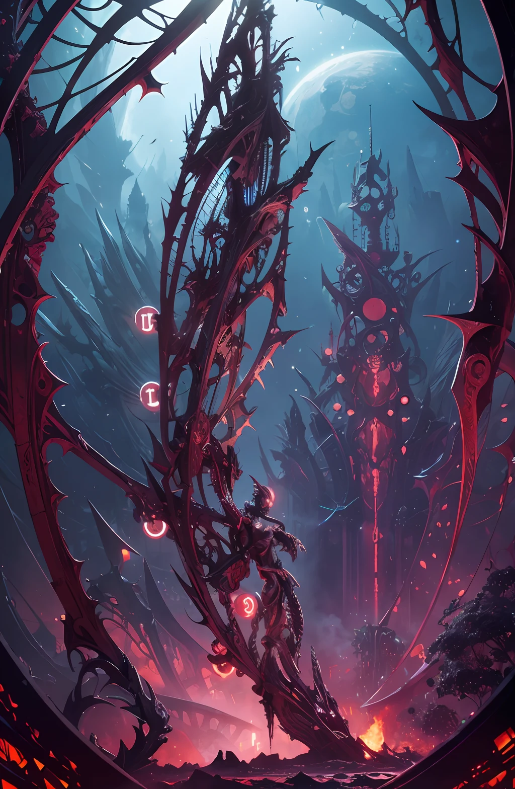 Biomorphic full body stunning evil biomechanical interface. Technology with Rotten ends and thorns. Intrincated detailed, maximalist perfect illustration, digital painting art, scifi, futuristic, utopian, machine parts, body parts, wires, circuits, highly detailed, octane render, cinematic, look from above, hauntingly surreal, gothic, highly detailed and intricate, rich deep colors., sf, intricate artwork masterpiece, ominous, matte painting movie poster, golden ratio, trending on cgsociety, intricate, epic, trending on artstation