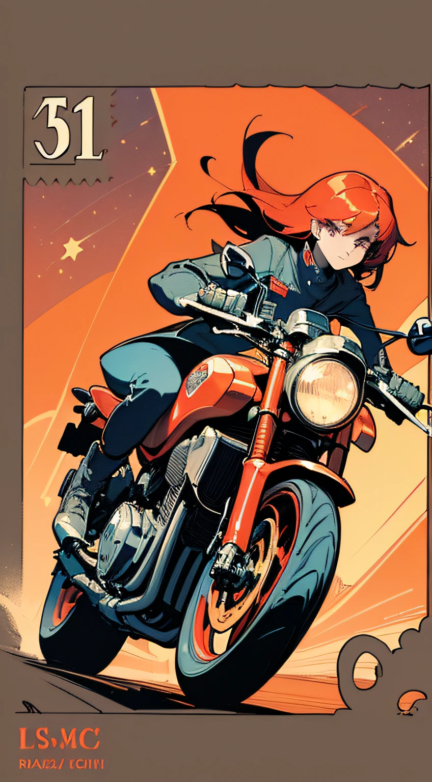 (masterpiece), (best quality), (best detail), (distant general view), (postage stamp),(main color of illustration: bright saturated red), (secondary color: lapis lazuli), a red cafe racer motorcycle driven by a woman with defiant stance, very detailed chassis, futuristic western scenery, night (many stars, moon), shading (detailed, much contrast), very saturated pulp colors