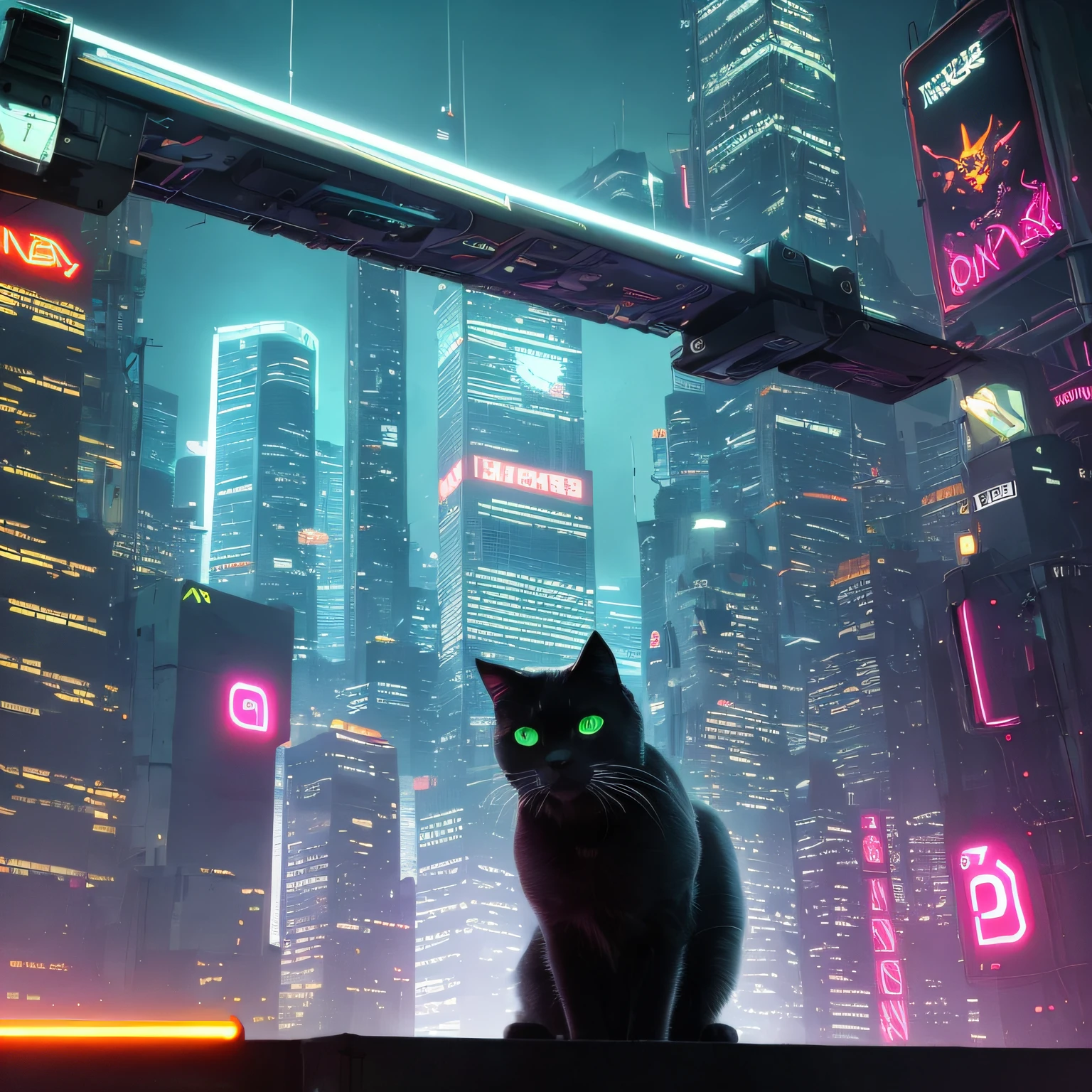 "cyberpunk machine cat", a sleek and muscular feline robot with glowing cybernetic enhancements prowls atop a towering skyscraper, framed by the neon-lit cityscape below. the cat's razor-sharp claws are ready to strike as it surveils its territory from above. the air is thick with the scent of pollution and the sounds of traffic below, adding to the gritty and industrial atmosphere. the mood is tense and anticipatory, as if the cat is preparing for an imminent danger. the atmosphere is disorienting and overwhelming, with neon lights and digital displays reflecting in the cat's metallic body. the lighting is harsh and angular, casting sharp shadows across the cityscape. #cyberpunk, #robotcat, #neon, #sleek