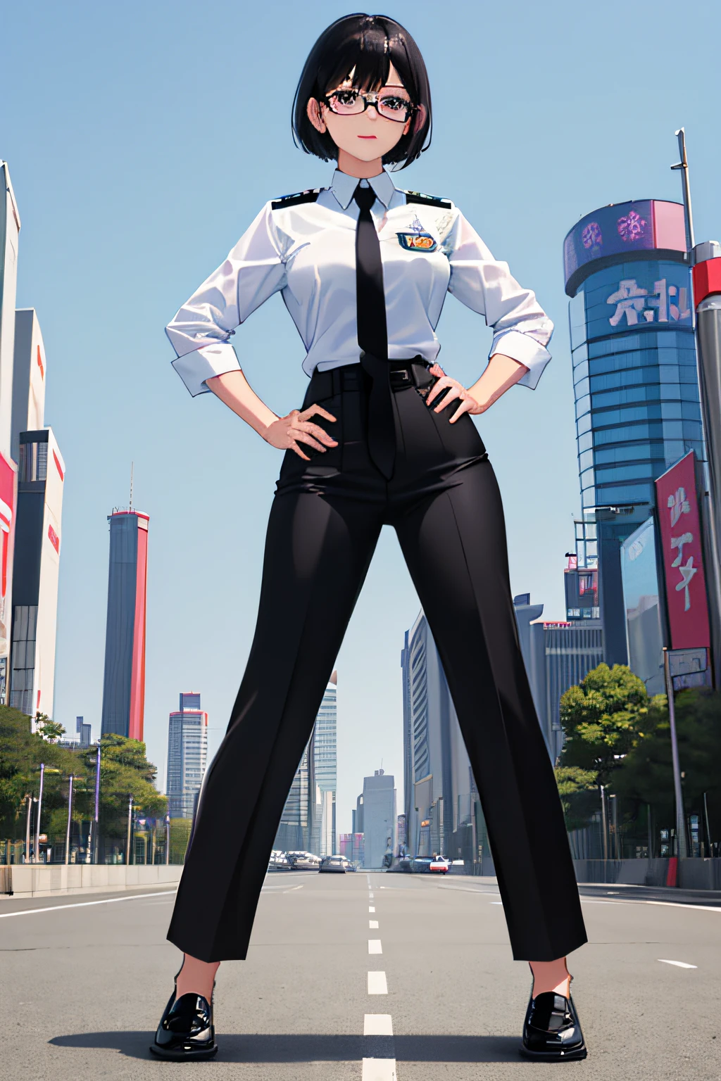 ((masterpiece)). ((best quality)), 1girl, solo, short hair, jet black hair, purple eyes, (full body), standing, hands on hip, bangs, japanese police uniform, glasses, tokyo city backdrop, (white shirt), (black pants, tie), matching shoes, medium breasts, 20 age, badge,