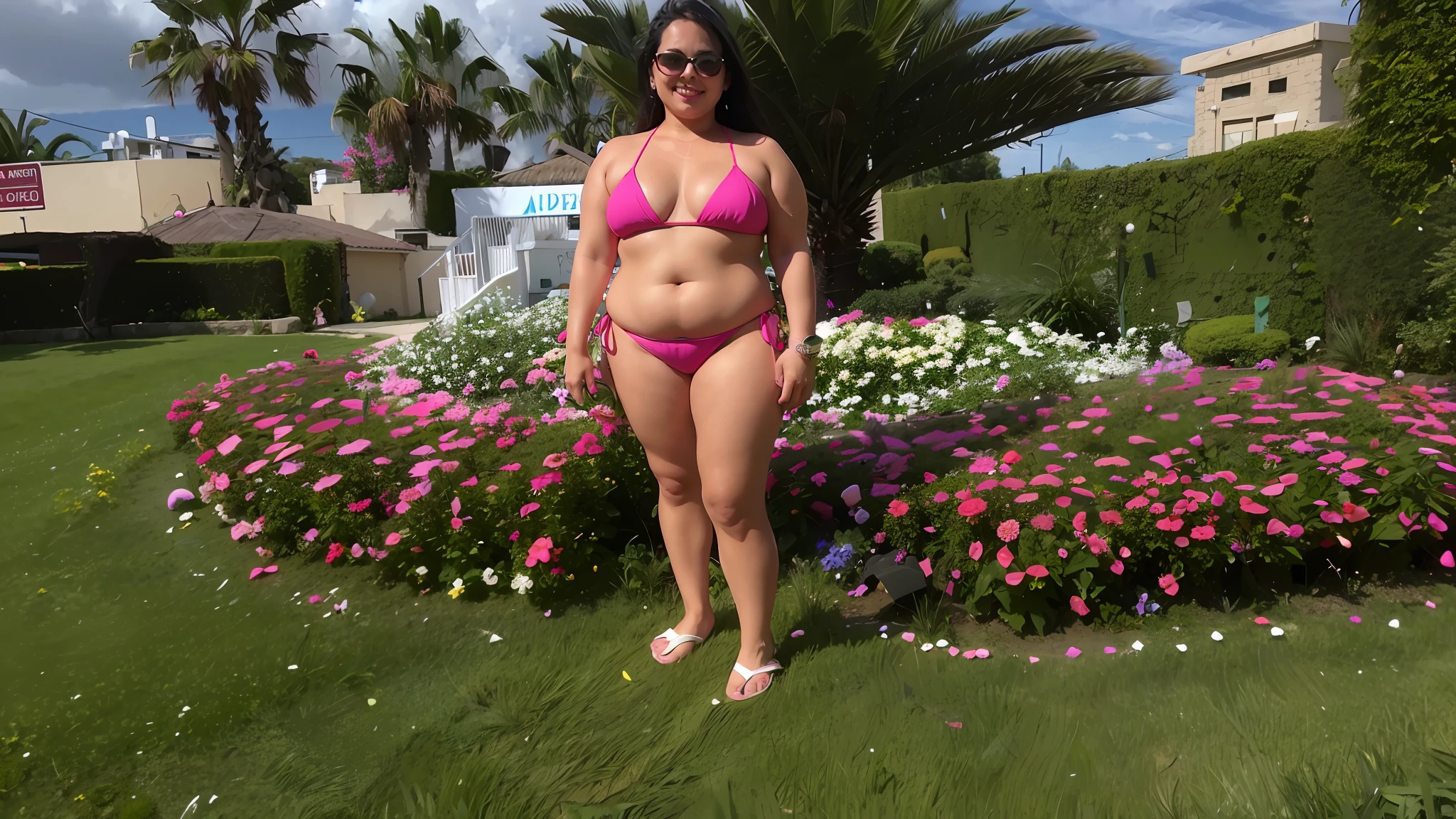 woman in a bikini standing in front of a flower garden, full body shot in bikini, in bikini, attire: bikini, (38 years old), beautiful tan mexican woman, in a bikini, wearing pearl neon bikini, vacation photo, 30 years old woman, 3 0 years old woman, wearing spandex bikini, full body wide shot, 4 5 yo