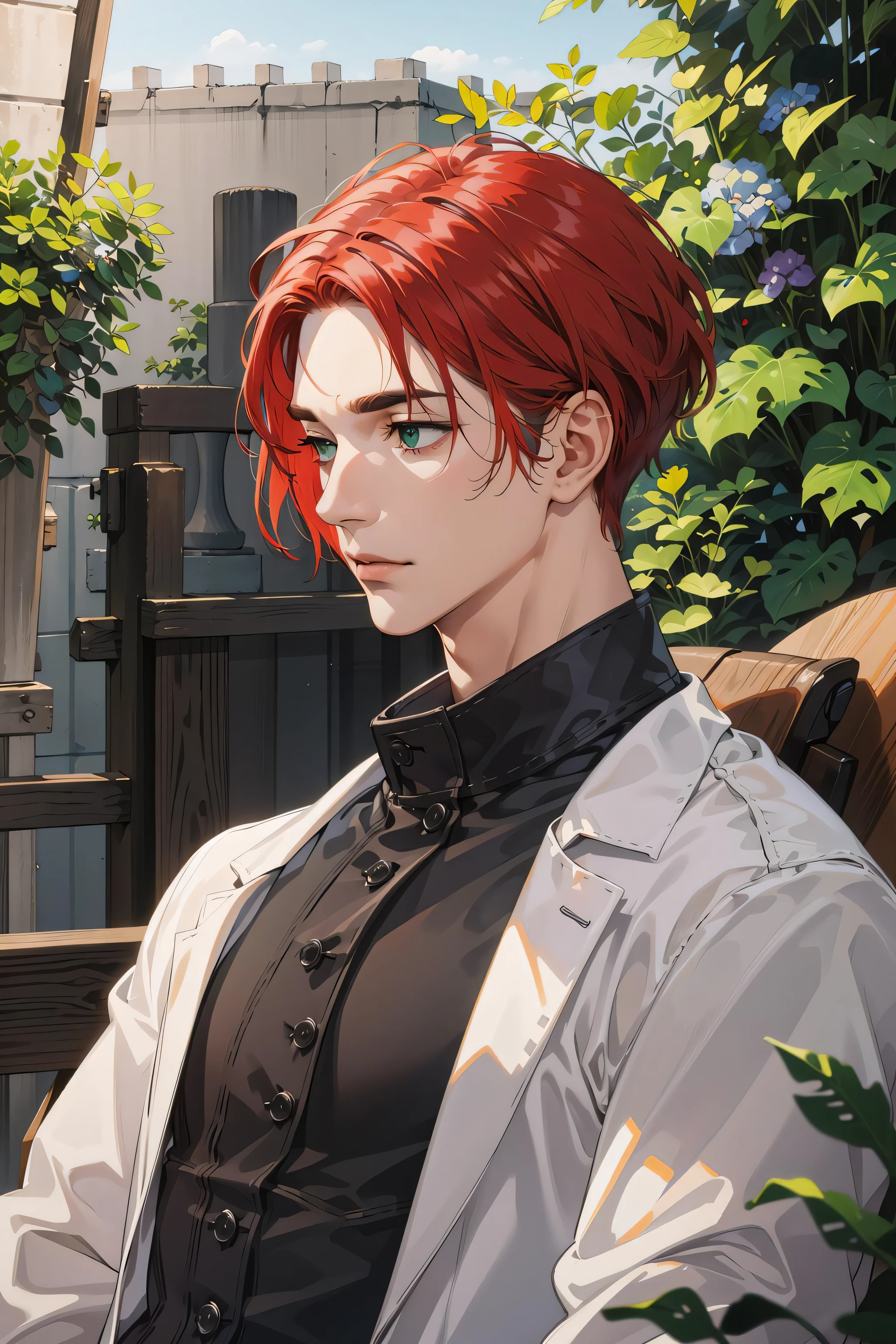 (absurdres, highres, ultra detailed), (1 male, solo, adult, mature, aged up, tall muscular guy, broad shoulders, handsome), red hair, green eyes, (angular jaw, thick neck, thick eyebrows), BREAK, best light and shadow, background is back alley, detasiled sunlight, sitting, dappled sunlight, day, plants, summer, depth of field, extremely detailed face, upper body,