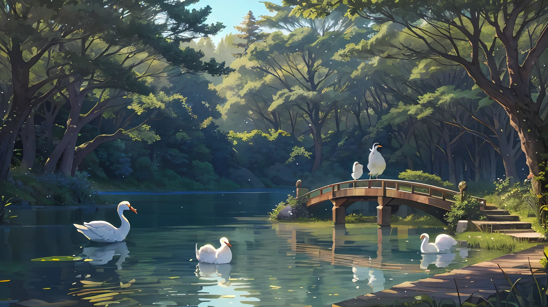 An enchanted forest, with green trees, a lake with crystal clear water passing in the middle, a wooden bridge crossing the lake, swans in the lake, sunlights crossing the forest, reflections of sun in the water, delicate iamgens, HD,
