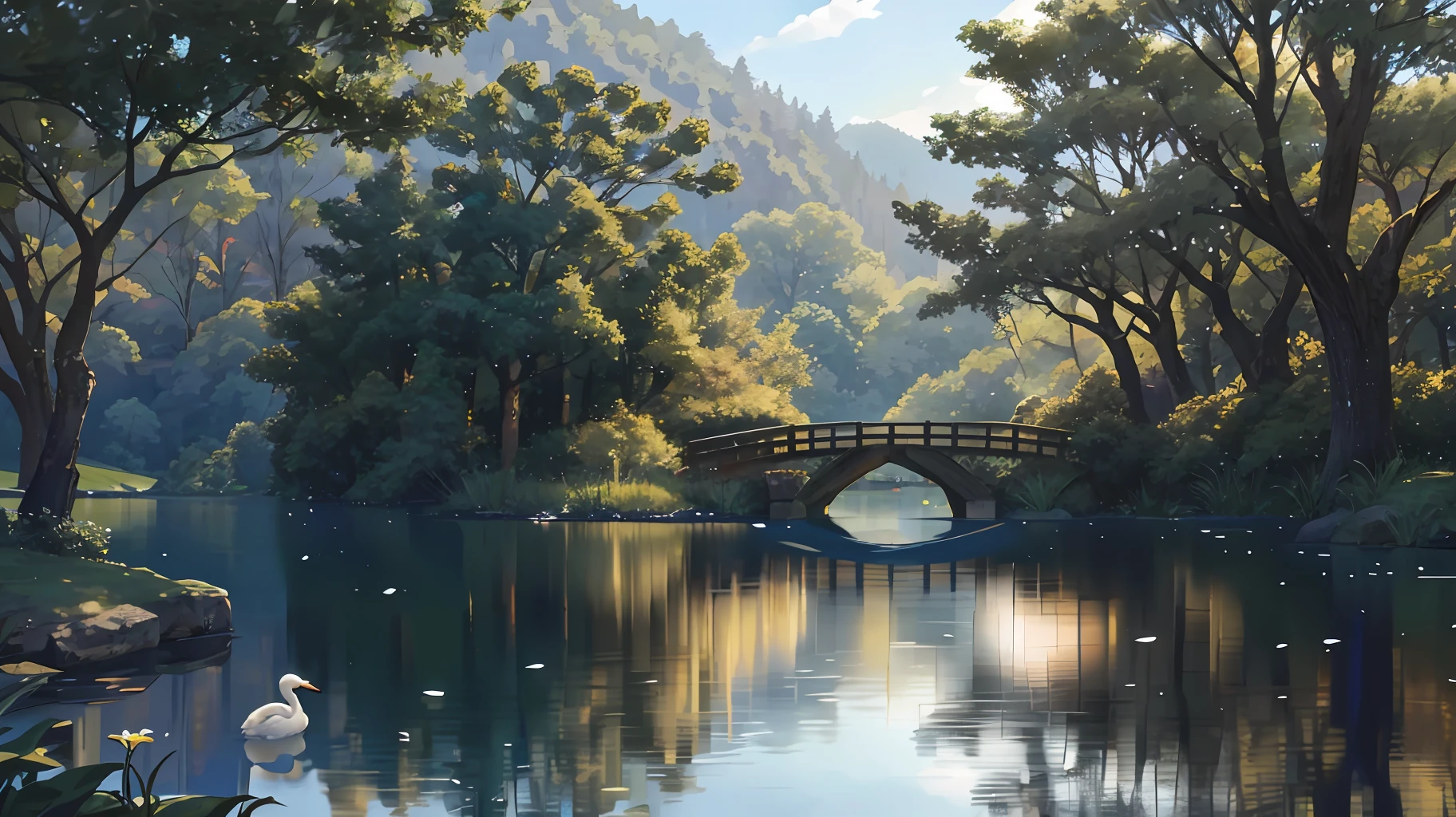 An enchanted forest, with green trees, a lake with crystal clear water passing in the middle, a wooden bridge crossing the lake, swans in the lake, sunlights crossing the forest, reflections of sun in the water, delicate iamgens, HD,