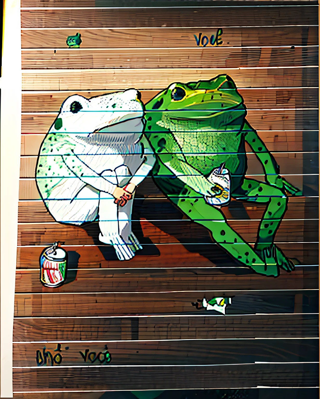 a drawing of a frog and a frog with soda cans, frogs, by Nándor Katona, by vore art, by Géza Udvary, by Alonso Vázquez, by Károly Lotz, frogs, by János Vaszary, by Edna Mann, by János Donát, (colorful) coloring style animation, Remove horizontal lines from paper