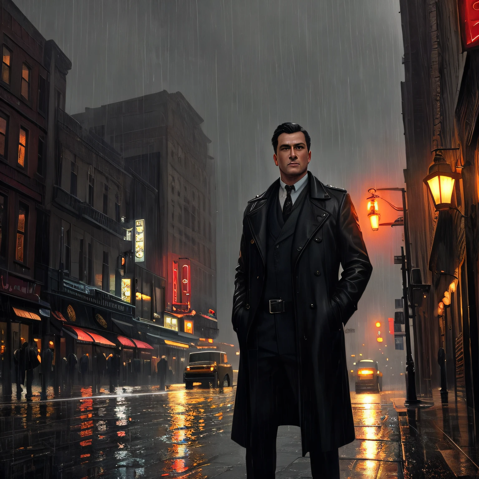(masterpiece,best quality: 1.2), ultra-detailed face, (muted colours:1.2, dark studio, rim lighting, two tone lighting, dimly lit, low key, ), ((heavy rain weather)),long leather rain coat,
a poster for a 1930s \(style\), noir detective movie,(noir atmosphere:1), gloomy atmosphere,night city street, emphasis on noir colors,
New York in the 1930s, and Detective Jack Sullivan just returned to his office after a long day of pounding the pavement, trying to solve the latest case that had been thrown his way. It was a tough one, and he was no closer to finding the perpetrator than he was when he started,
trending on ArtStation, trending on CGSociety, Intricate, High Detail, dramatic, photorealistic painting art by midjourney and greg rutkowski,