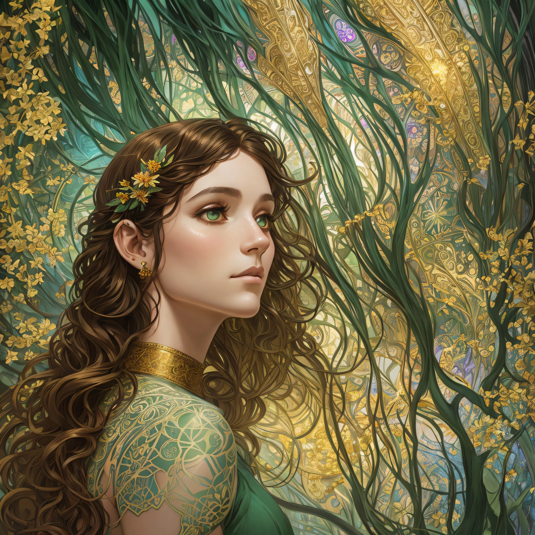 golden brown skin, thin young woman looking up, (magic forest background), redish gold long and curly brown hair, green eyes, fairy and flowers, wild flowers blending into hair, ranger outfit, full body, cover, choker, hyperdetailed painting, luminism, Bar lighting, complex, 4k resolution concept art portrait by Greg Rutkowski, Artgerm, WLOP, Alphonse Mucha, little fusion pojatti realistic goth, fractal isometrics details bioluminescens : a stunning realistic photograph 18 years