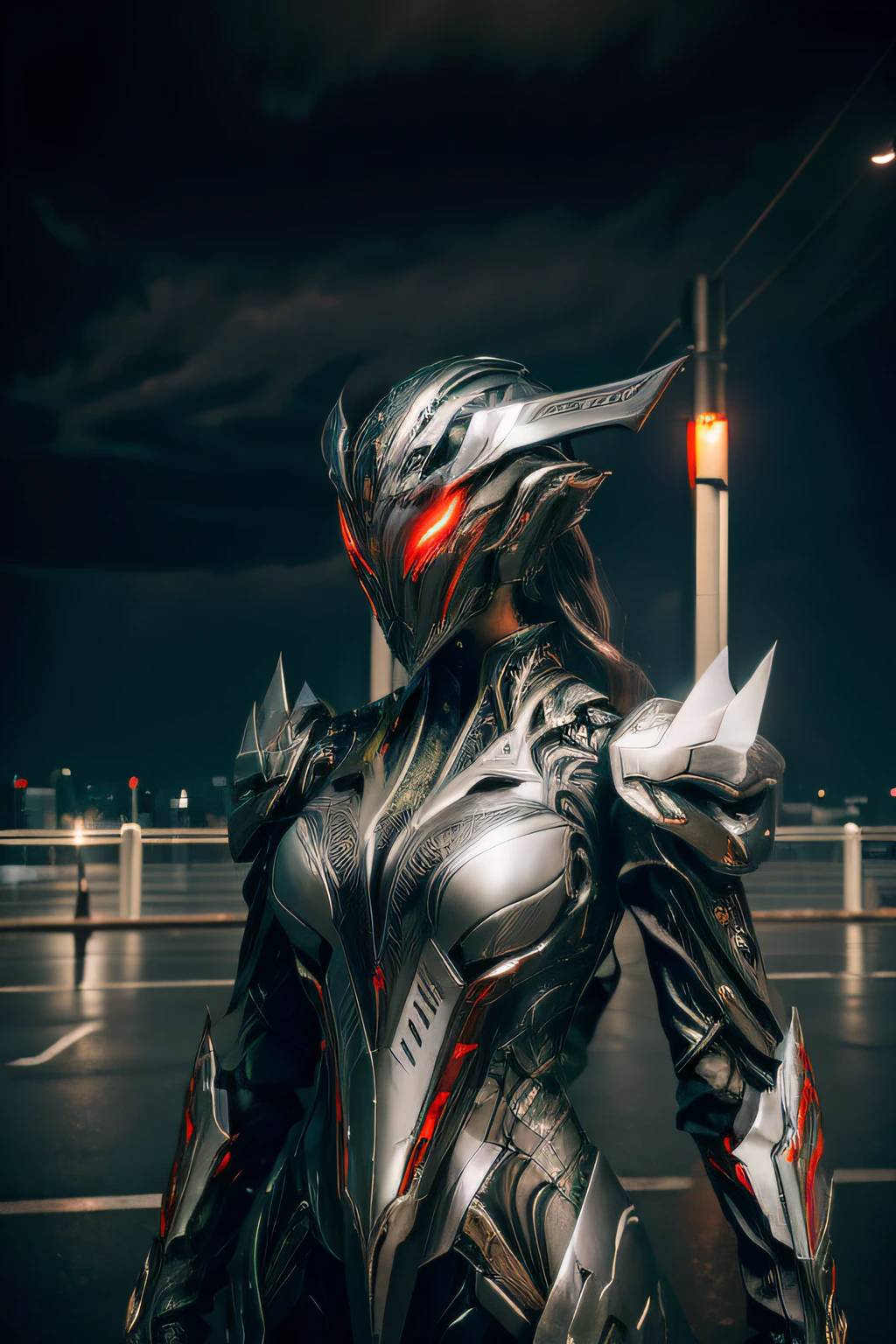 1 japanese girl, WARFRAME, intricate pattern, heavy metal, energy lines, faceless, glowing eyes, elegant, intense, blood red and black uniform, solo, modern, city, streets, dark clouds, thunderstorm, heavy rain,
dramatic lighting,
(masterpiece:1.2), best quality, high resolution,   beautiful detailed, extremely detailed, perfect lighting,