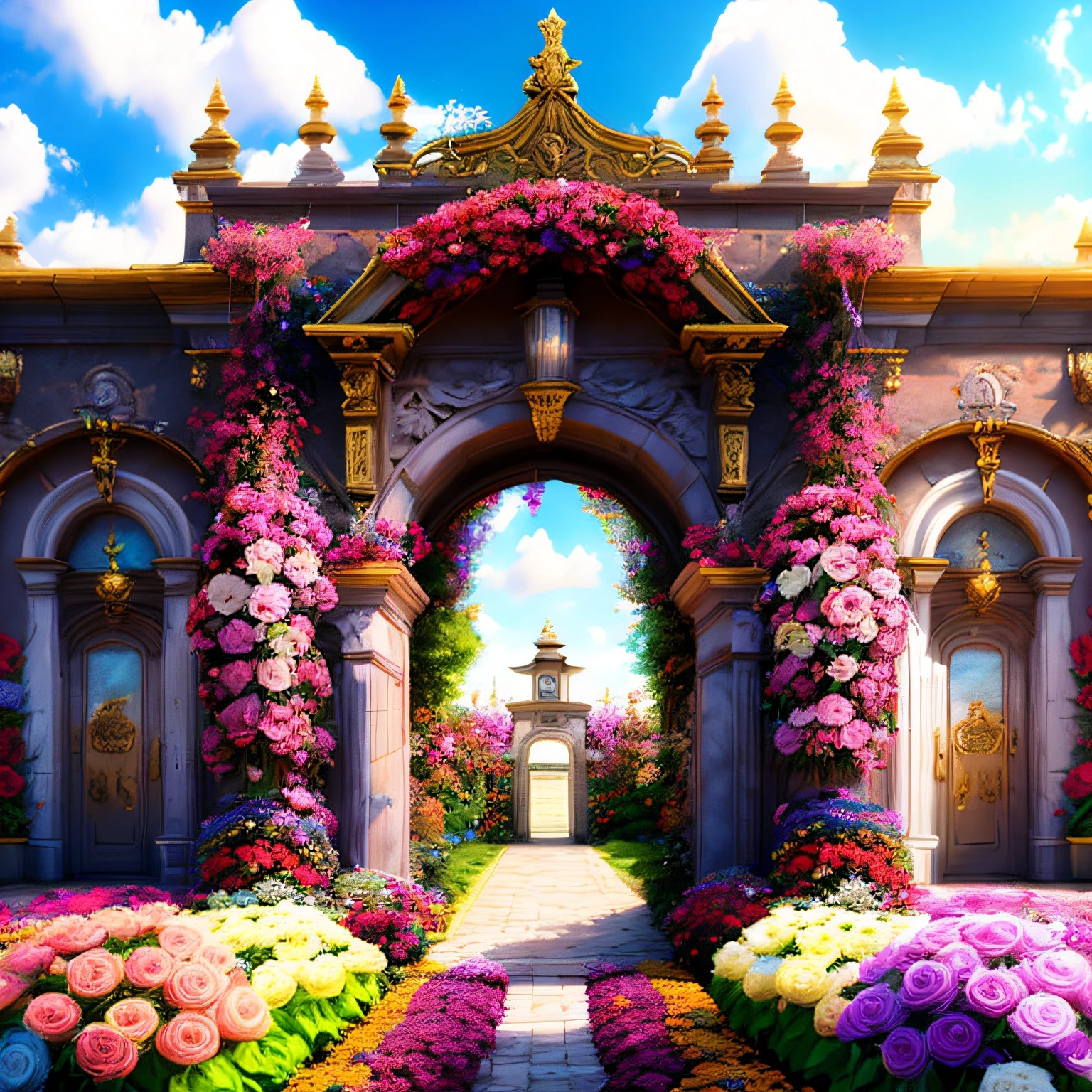 photo (FlowerGateway style:1) The entrance to the palace is covered with flowers, HD, realistic, colorful, 8k