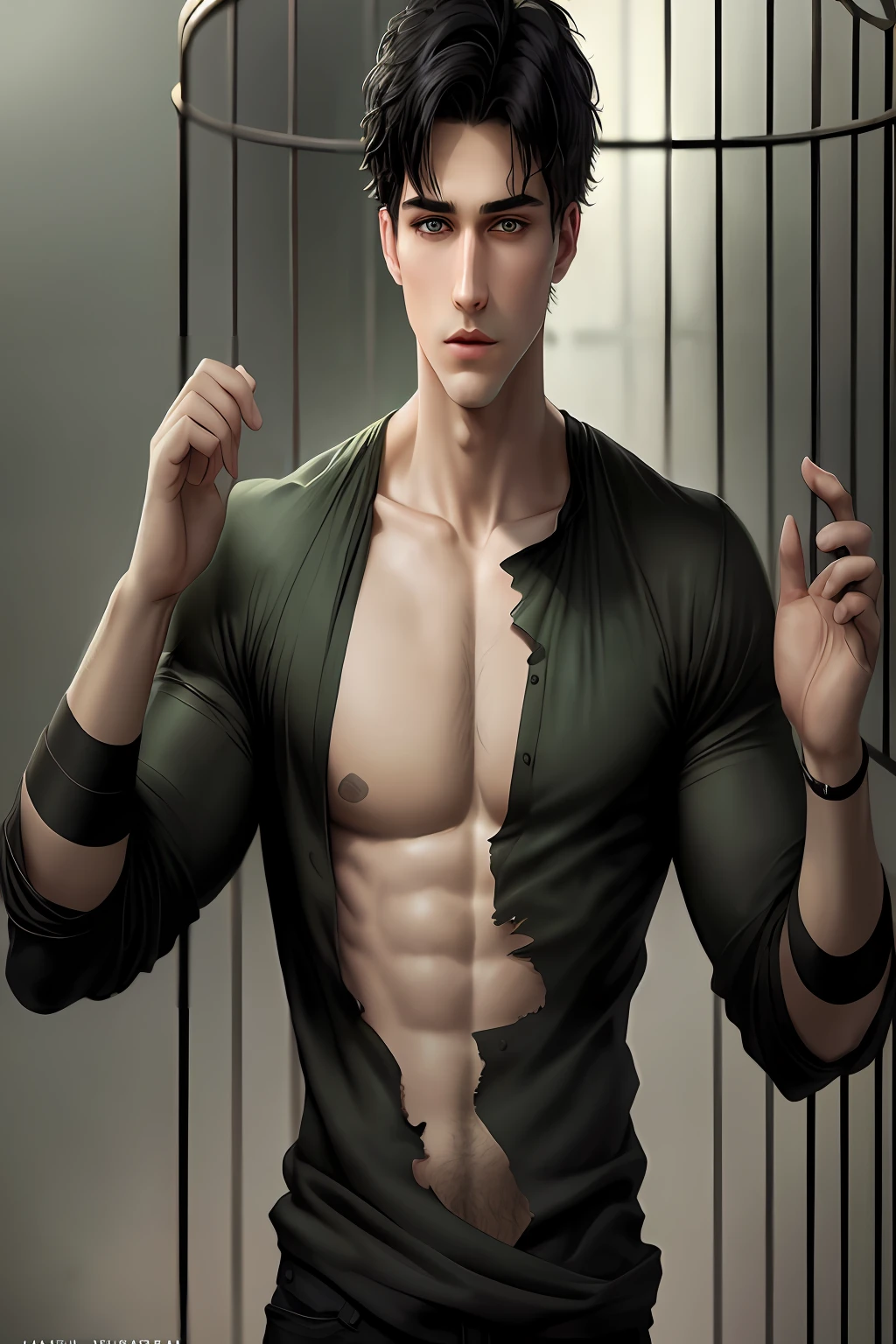 --------

Masterpiece, best quality, (realistic, very detailed), boy, handsome face, short hair, black hair, green eyes, sad face, trapped in a cage, torn clothes, seduction, sensual, atmosphere, (realism: 1.5), 8k, novel book cover, most beautiful man in the world, delicate features, young 20-28 years.