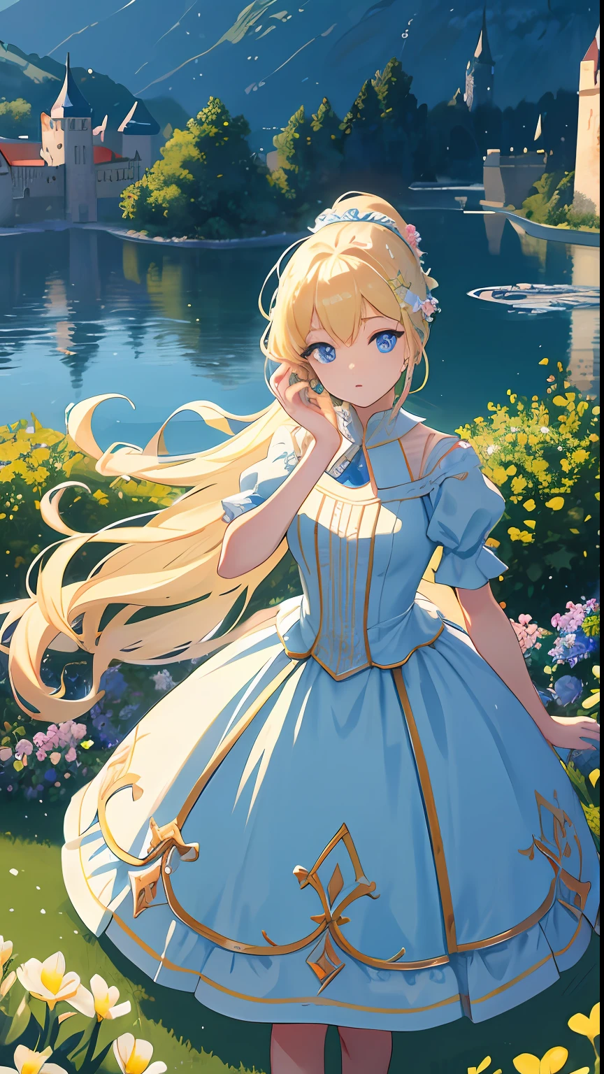 (masterpiece), (best quality), (ultra detailed),(straight hair),(illustration), (1girl), (princess clothes), standing, model, looking at the garden, (interview), (background a castle), beautiful blue eyes, beautiful and delicate face, floating, (high saturation), (colorful splashes), colorful bubble, (bright), focus on face, ponytail, long blonde hair, bangs, hair ring, floating flowers, floating hair, (shiny), better lighting, better shade,