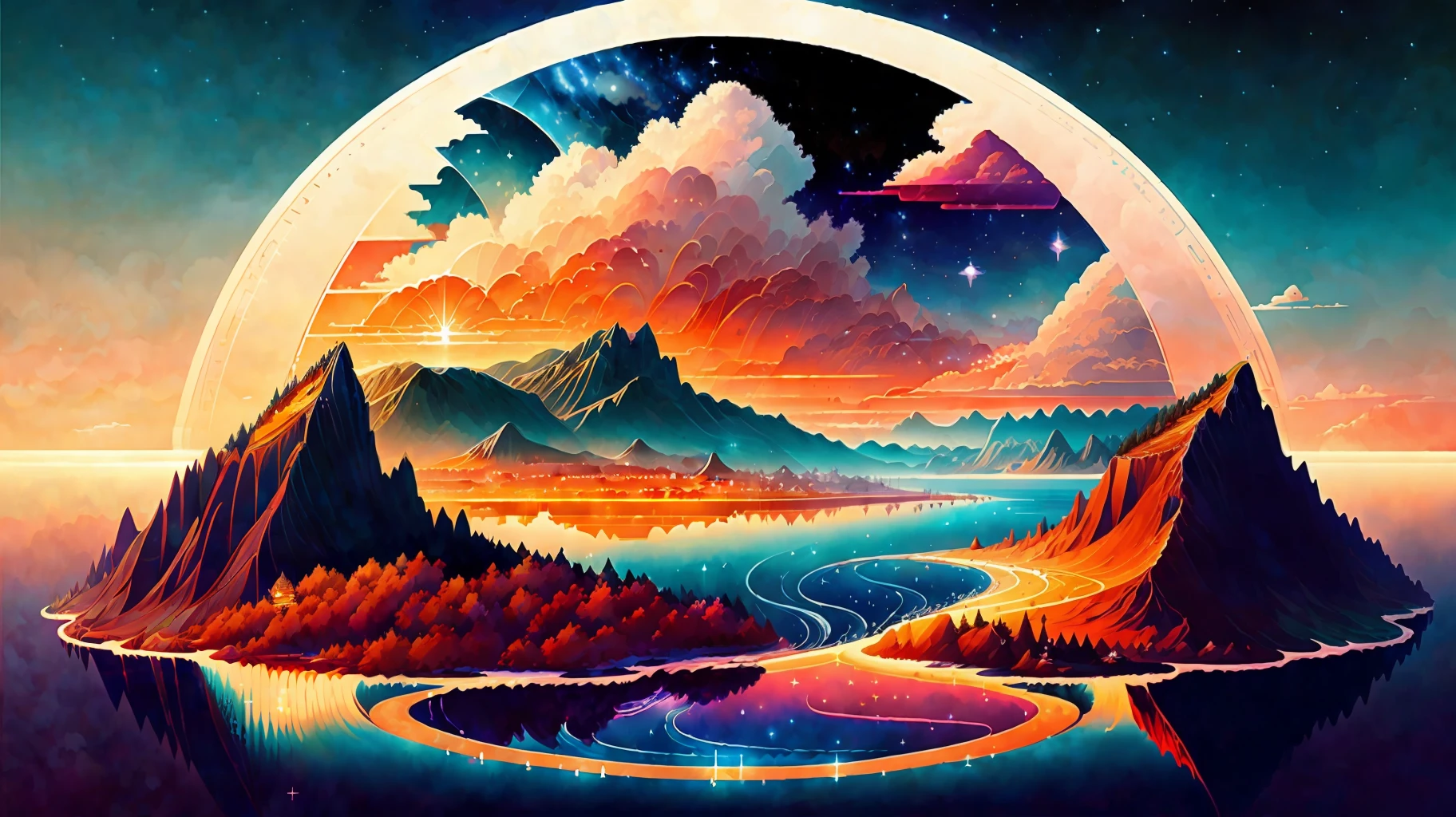 A beautiful land full of water and and clouds, astrophotogr,masterpiece, expert, insanely detailed, 4k, composition, centered, painted, intricate, volumetric lighting, beautiful, rich deep color masterpiece, sharp focus, ultra detailed, no dan mumford and marc simonetti style, vector, print