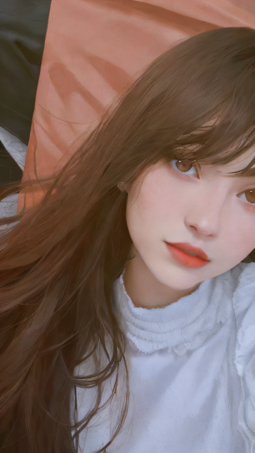 Woman with straight hair, wearing red lipstick, dark brown eyes, with black shirt, wearing makeup