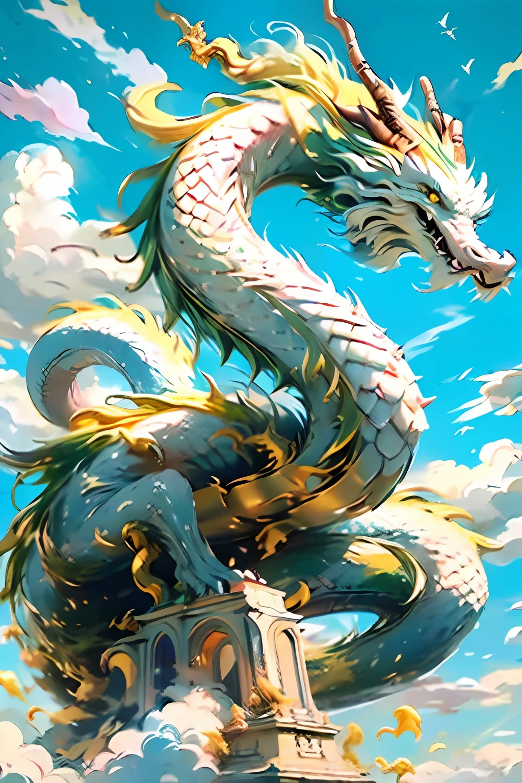 Best quality,masterpiece,ultra high res,nu no humans, (long:1.2),sky, yellow eyes, cloud, scales, eastern dragon, open mouth, sharp teeth, flying, horns, teeth, day, claws, fangs, blue sky
