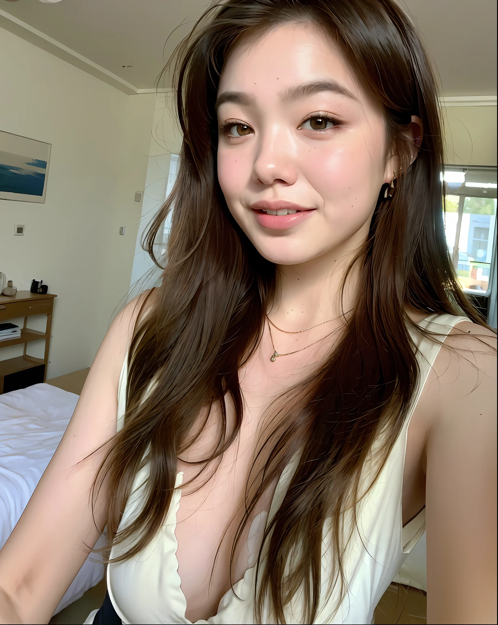 Imogen Poots ((Best Quality, 8k, Masterpiece: 1.3)), Focus: 1.2, Perfect Body Beauty: 1.4, Buttocks: 1.2, ((Delicate Hair)), (Stylish Nurse Uniform: 1.1), (Bedroom, Living Room: 1.3), Highly Detailed Facial and Skin Texture, Thin Eyes, Double Eyelids, Skin Lightening, Large Breasts, Smile, Wearing a Necklace,