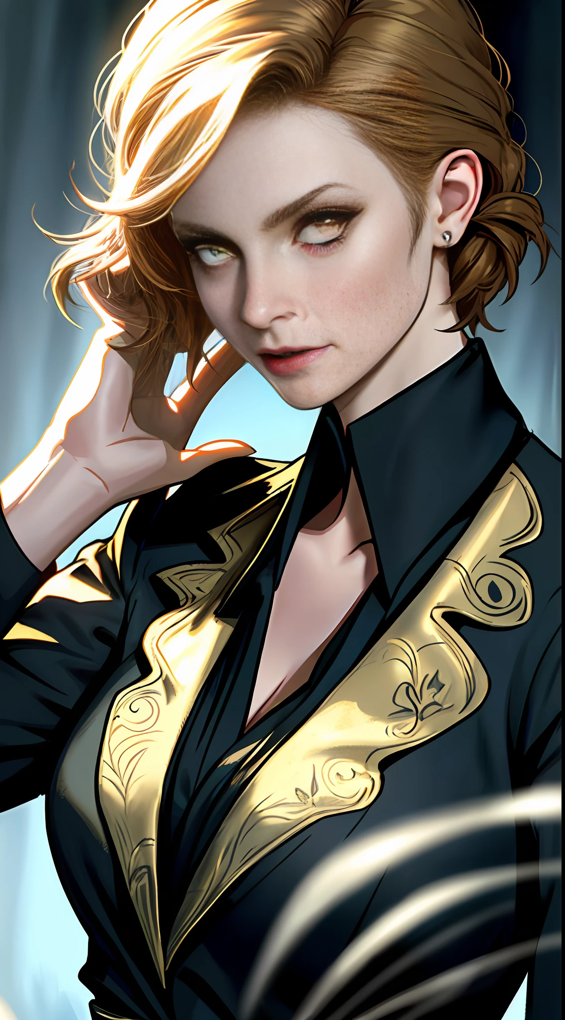 Mary Alice Cullen, vampire from the movie Twilight, portrait to the waist, yellow eyes, high detail, picture for the competition, correct facial features, super detail