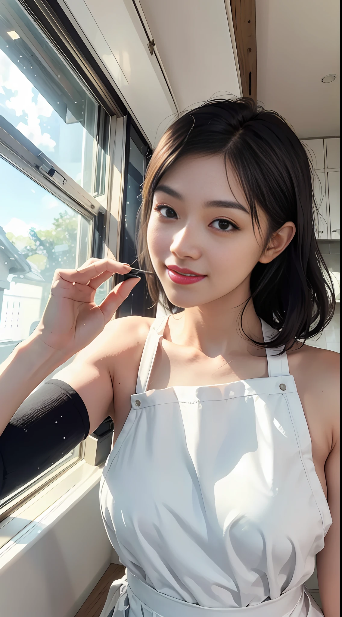 nijistyle, pov selfie, portrait of beautiful milf in white apron, bare shoulders, short black hair, kitchen, window, steam