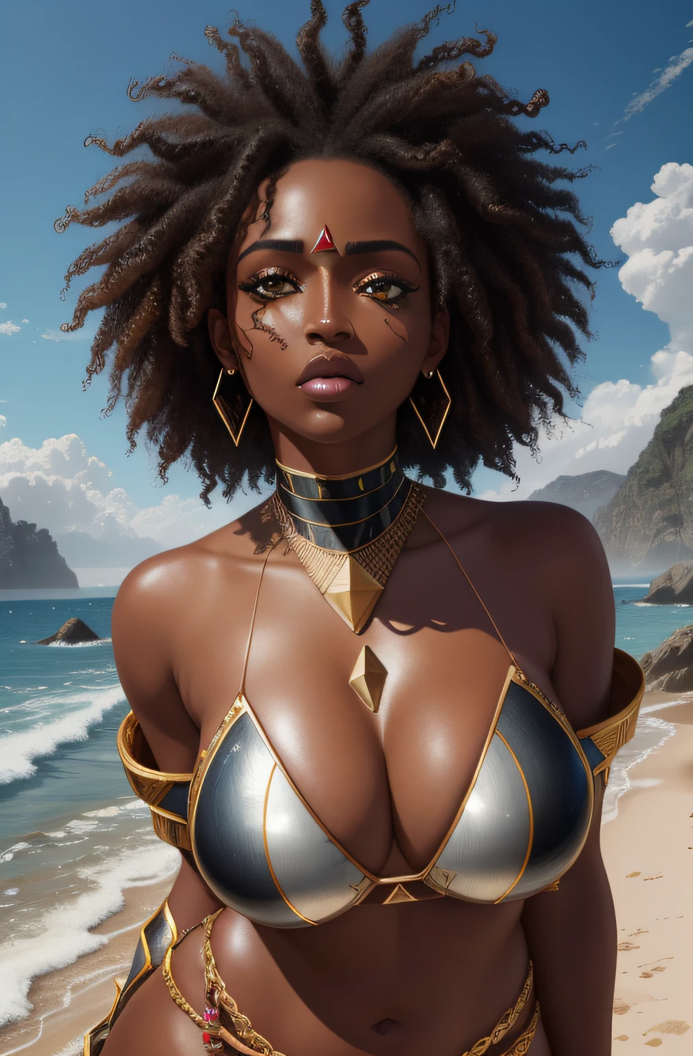 african goddess, heterochromia eyes, really curly hair, dark skin, sparkling eyes, Sniper wearing Medium Stud leather armor, Static Shot, Full Body, (Disgust Wrinkled Nose Raised Upper Lip Narrowed Eyes:0.7), ( seascapes, Exploration Themes, Shadow Dimension Location1.0) (Masterpiece, Hypermaximalist, Maximalism, Best Quality, 8k, Highres, Absurdres, 4k, High Quality, Ultra High Res, Highest Quality, Ultra Detailed, 8k Uhd, Realistic, Highly Detailed, Ultra-Detailed:1.0), (Cinematic Lighting, Hdr, Raw Photo, Sharp Focus, Photorealistic, Realistic:1.0), (Triangle shaped face, Angular Face Features, Sharp Defined Chiseled Jawline, Pointed Nose, High Forehead,:1.2), (Beautiful Face, Detailed Face, Beautiful Eyes, Detailed Eyes, Beautiful Detailed Eyes:1.0), jiggly fat round belly voluptuous body