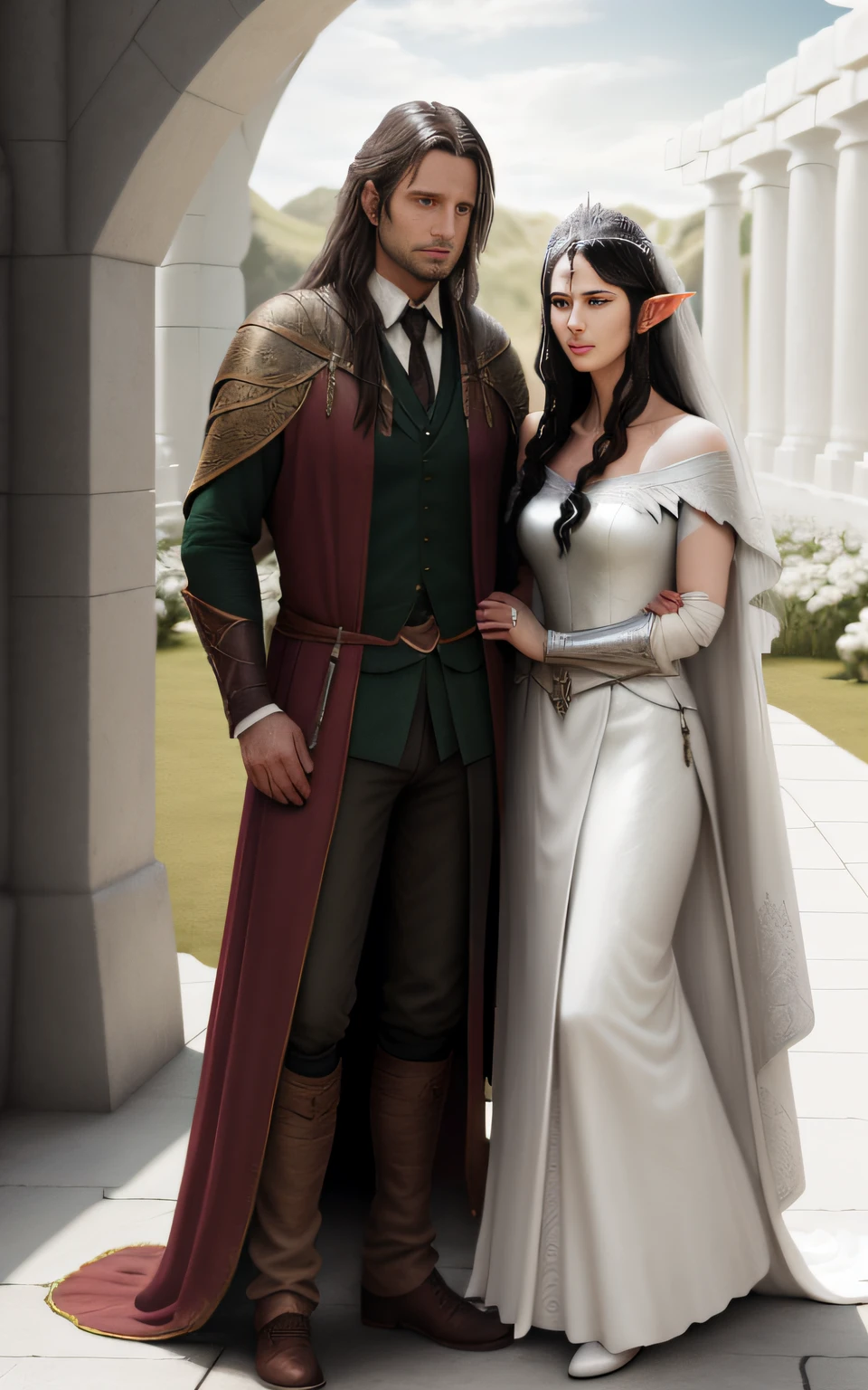 full body shot of lord of the rings wedding couple Aragorn and Arwen(pointy ears, dark hair) outside a white temple. Unreal Engine 5, Realistic Style, Masterpiece, Max Resolution/Sharpness/Quality/Detail.